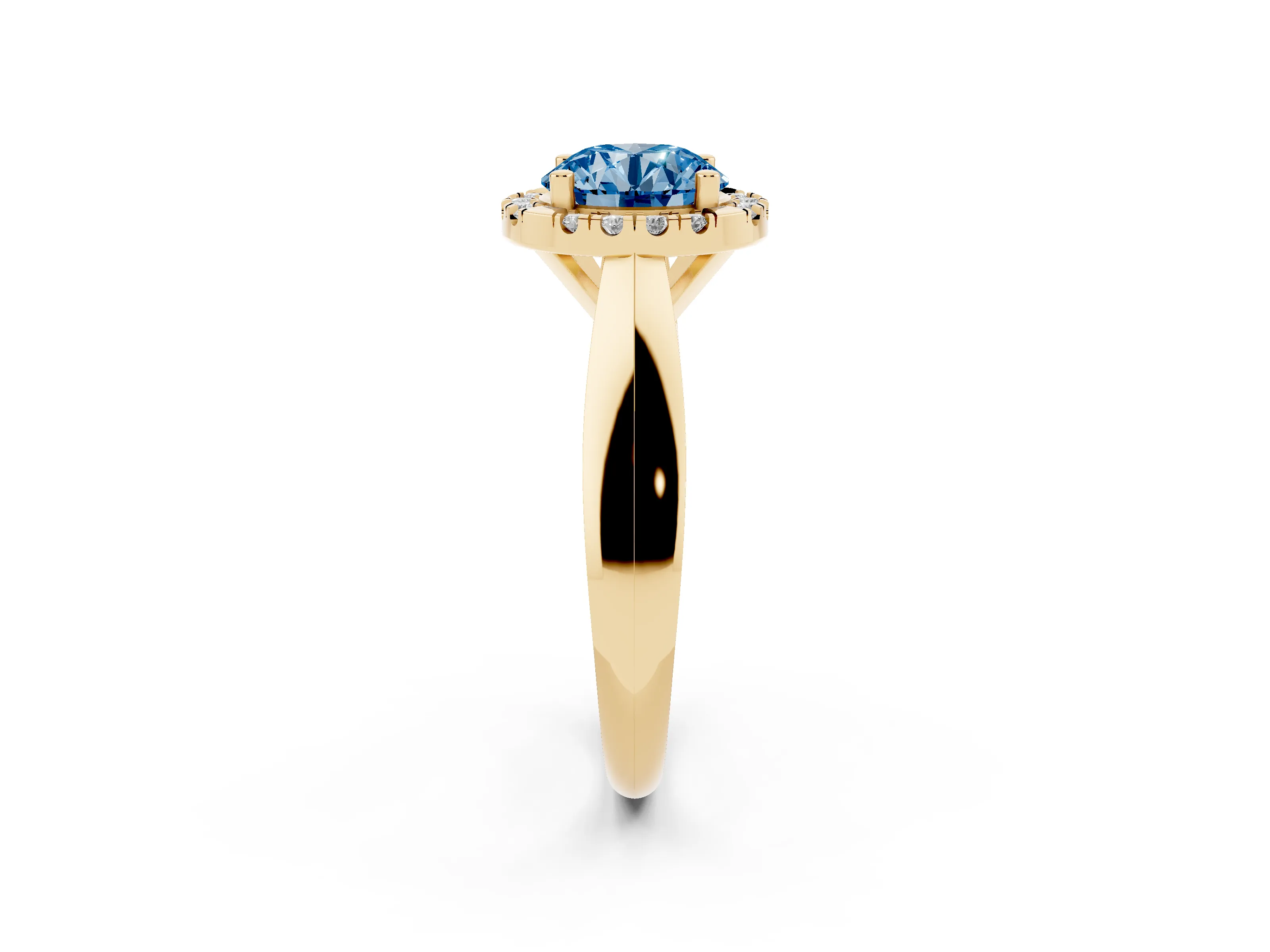 Fancy Blue Round Cut Diamond Halo Solitaire Engagement Ring Set in Yellow gold with Square Band and Prong Setting