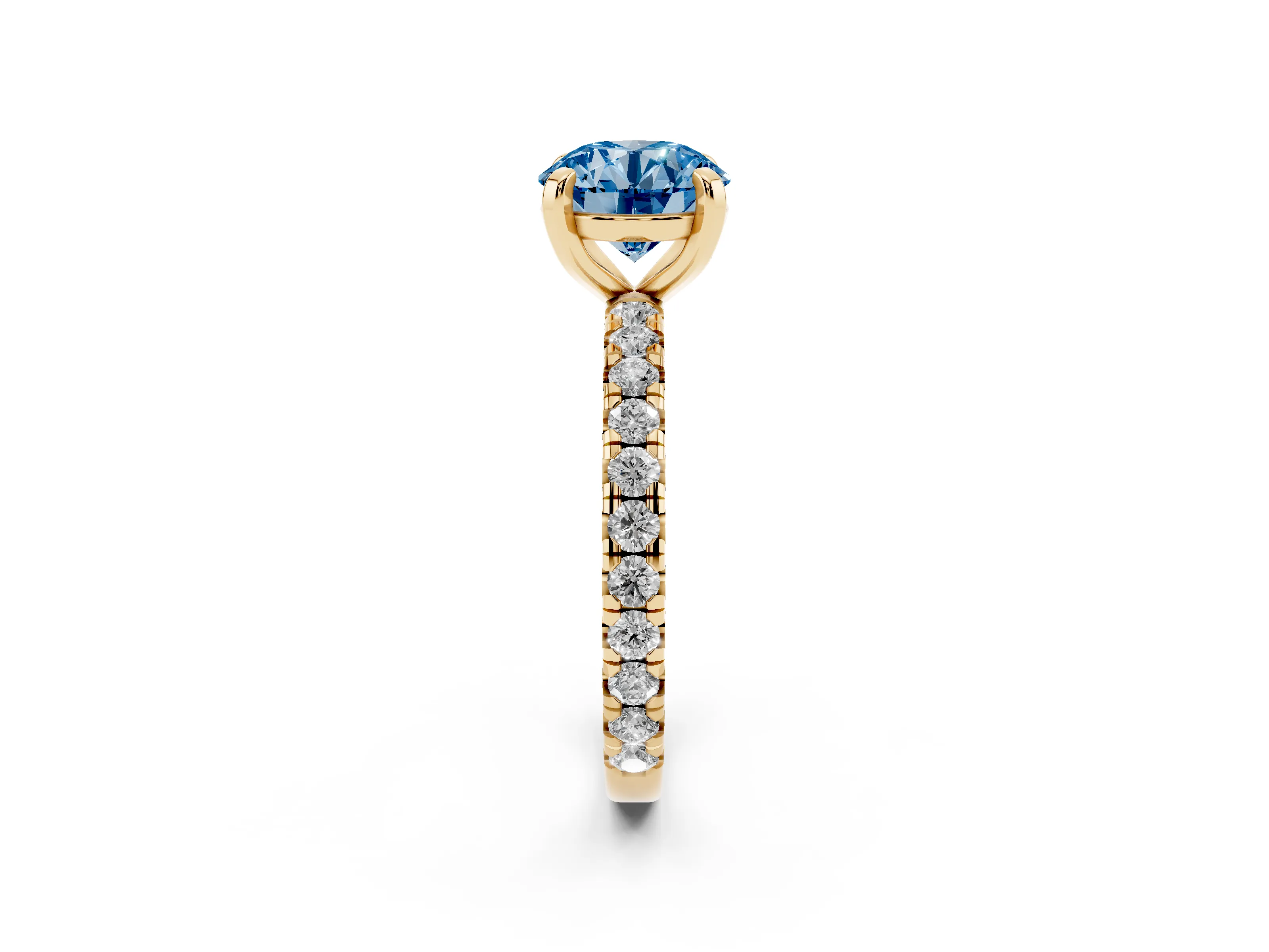 Fancy Blue Round Cut Diamond Pavé Solitaire Ring Set in Yellow gold with Round Band and Prong Setting