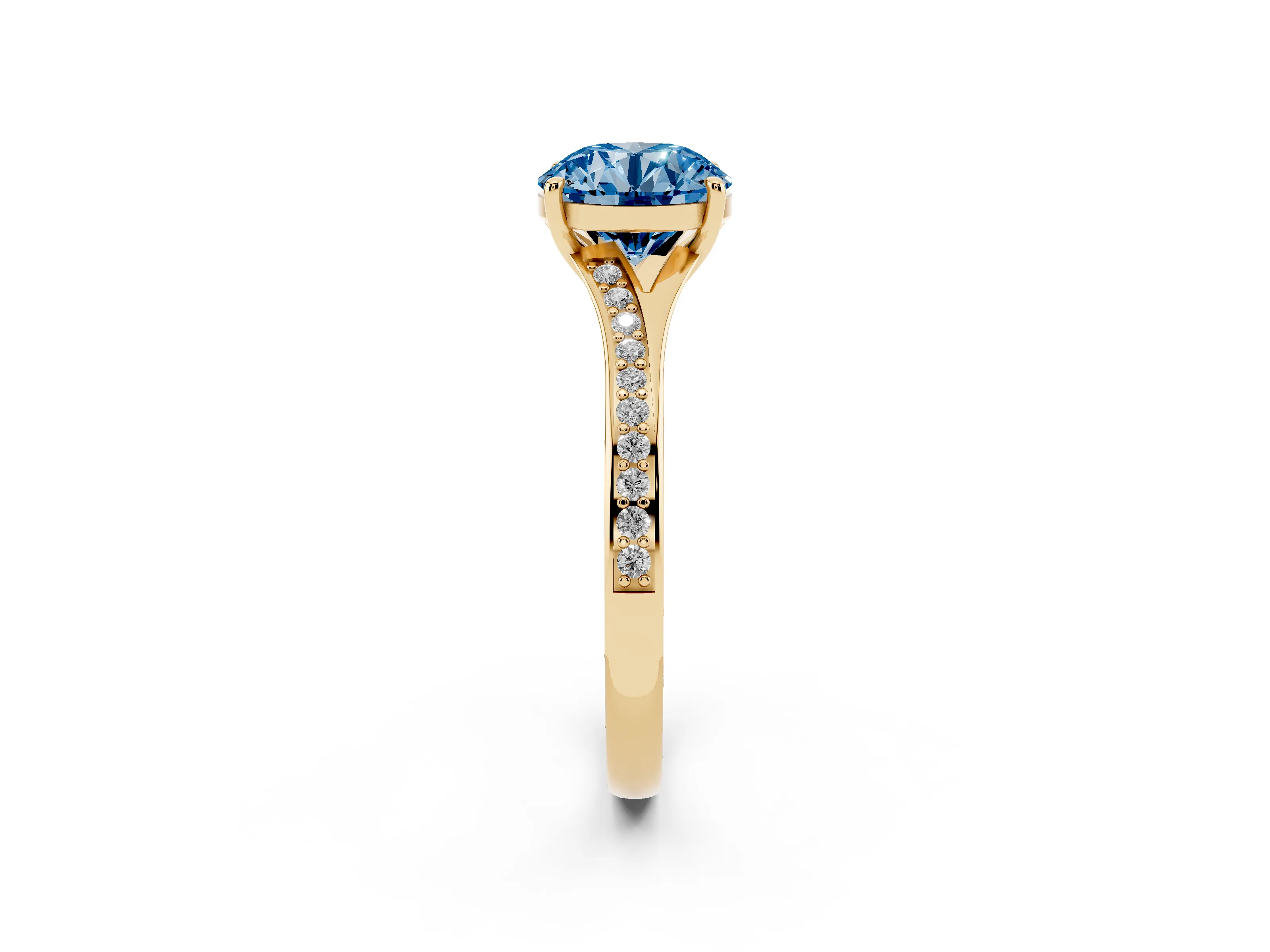 Fancy Blue Round Cut Diamond Solitaire Ring Set in Yellow gold with Pavé Accent Band and Classic Prong Setting