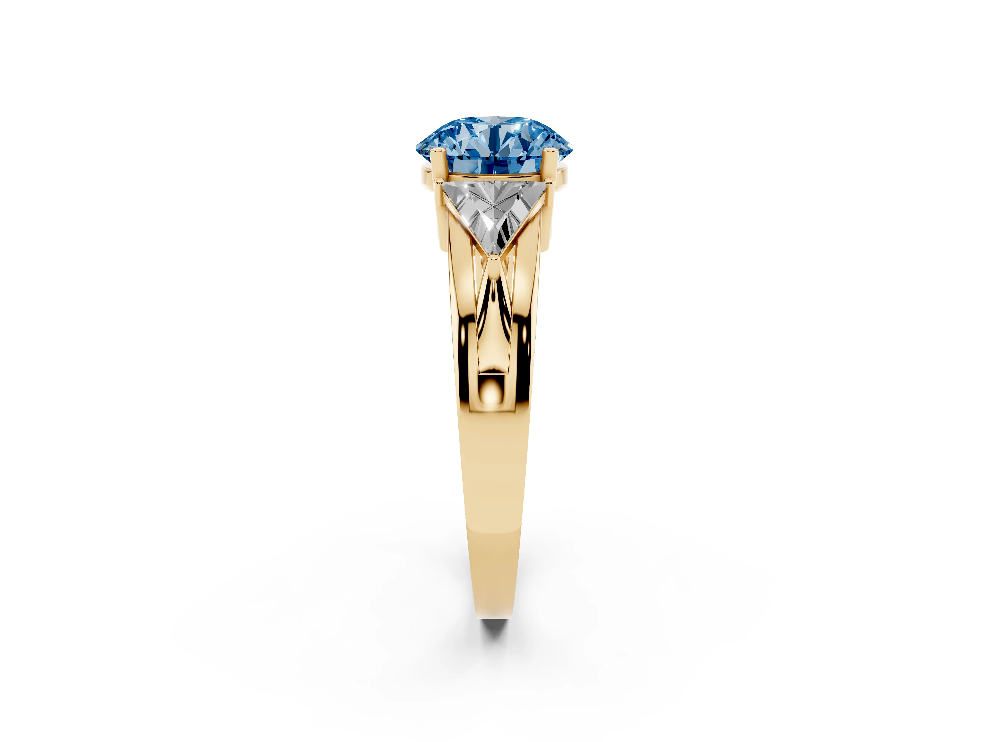 Fancy Blue Round Cut Diamond Three-Stone Ring Set in Yellow gold with Trillion Side Stones and Split Shank