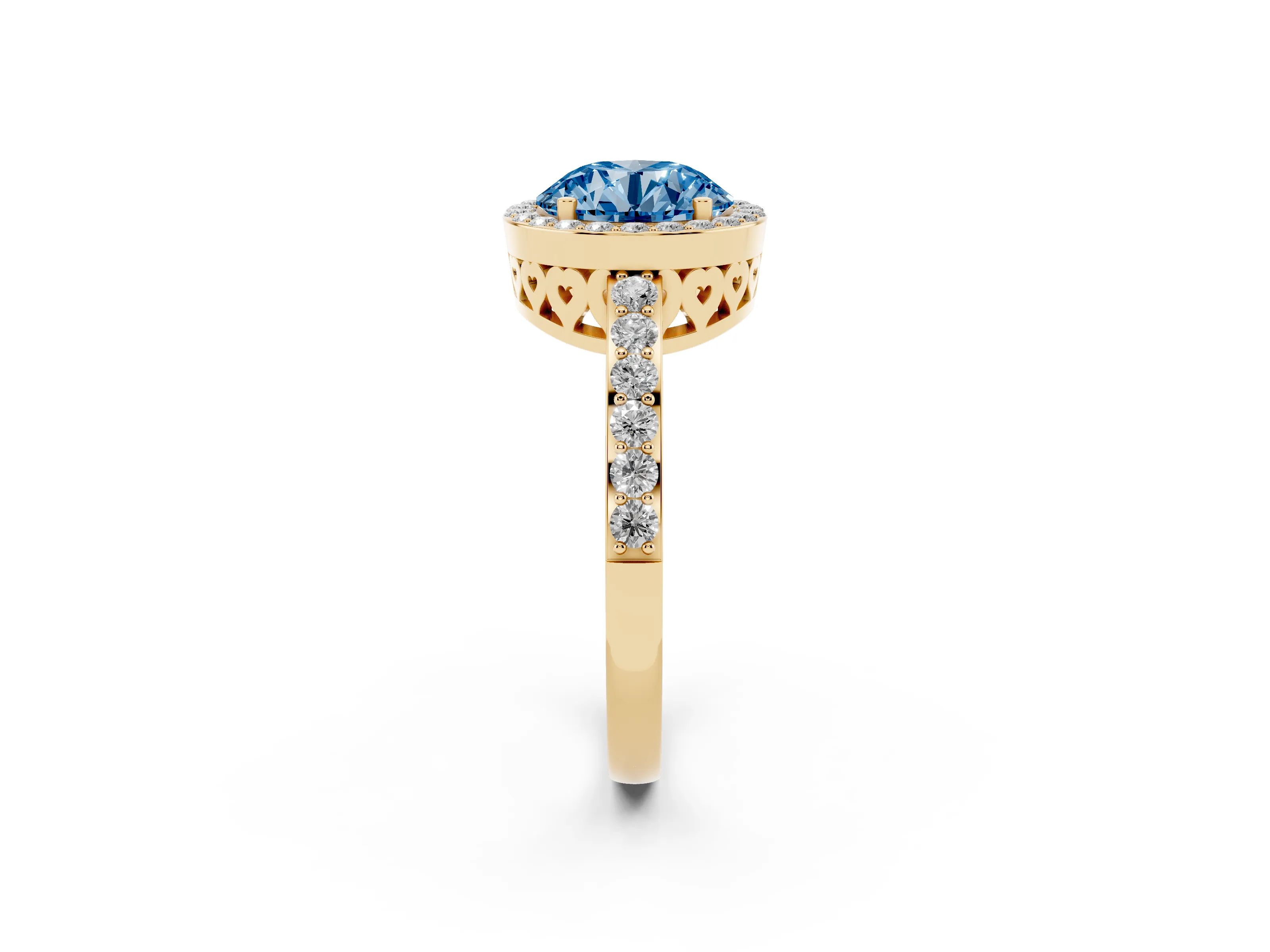 Fancy Blue Round Cut Diamond Halo Ring Set in Yellow gold with Pavé-Setting Band and Open Prong Center