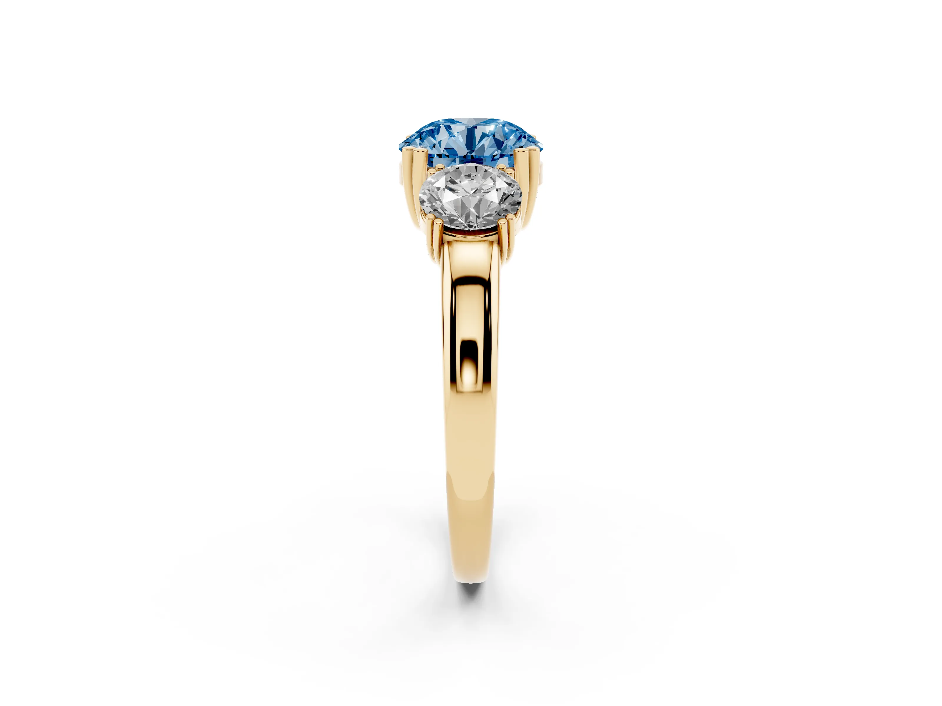 Fancy Blue Round Cut Diamond Three-Stone Ring Set in Yellow gold with Polished Channel-Set Band