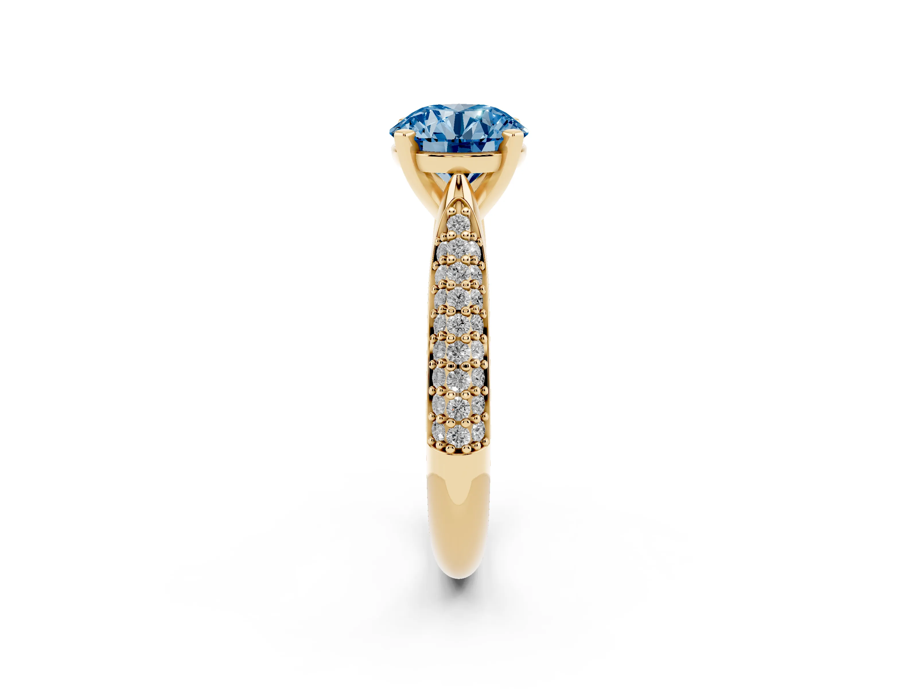 Fancy Blue Round Cut Diamond Solitaire Engagement Ring Set in Yellow gold with Multi-Row Round Pavé Band and Prong Setting