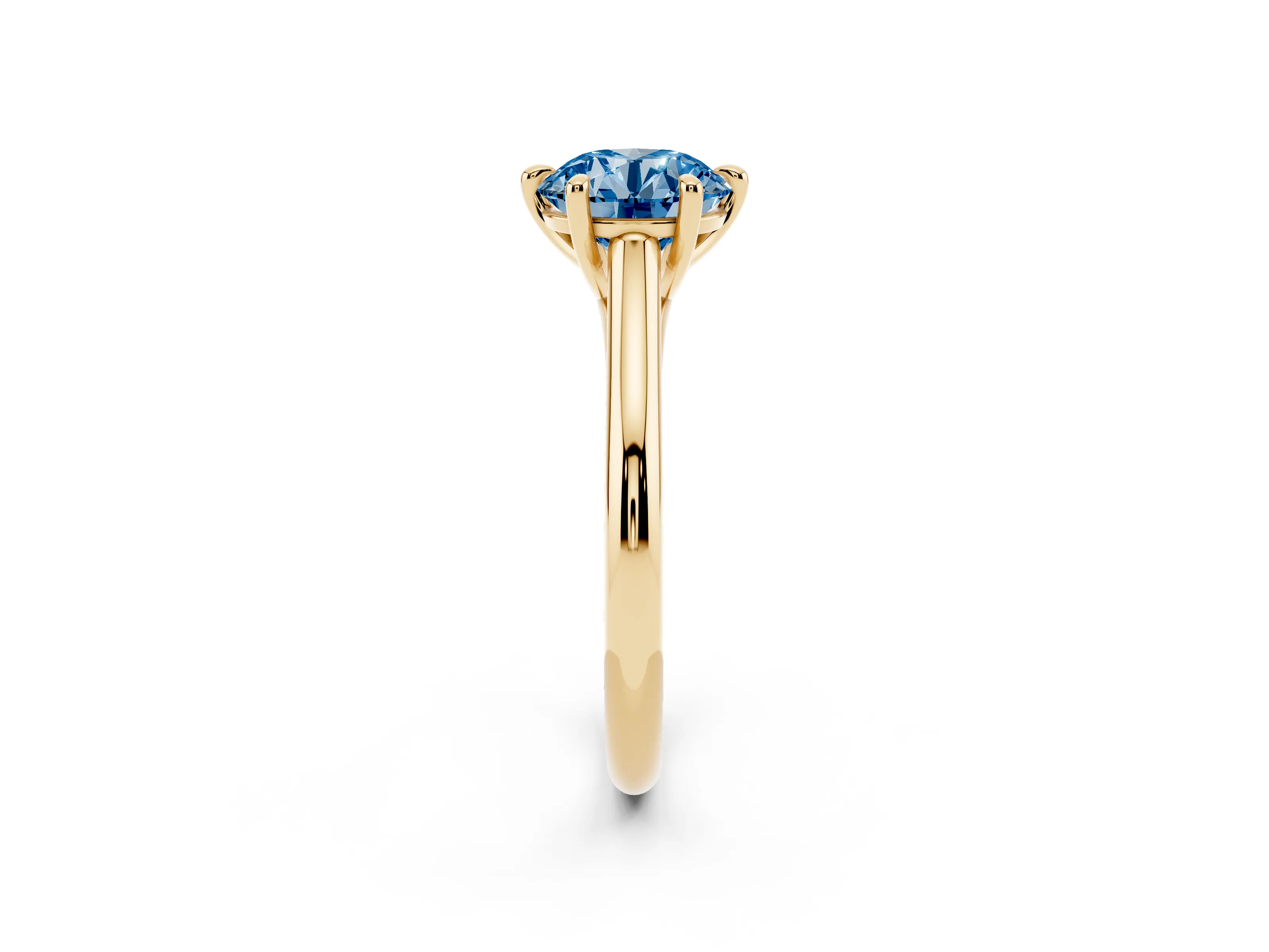 Fancy Blue Round Cut Diamond Solitaire Engagement Ring Set in Yellow gold with Prong Setting and Plain Classic Band