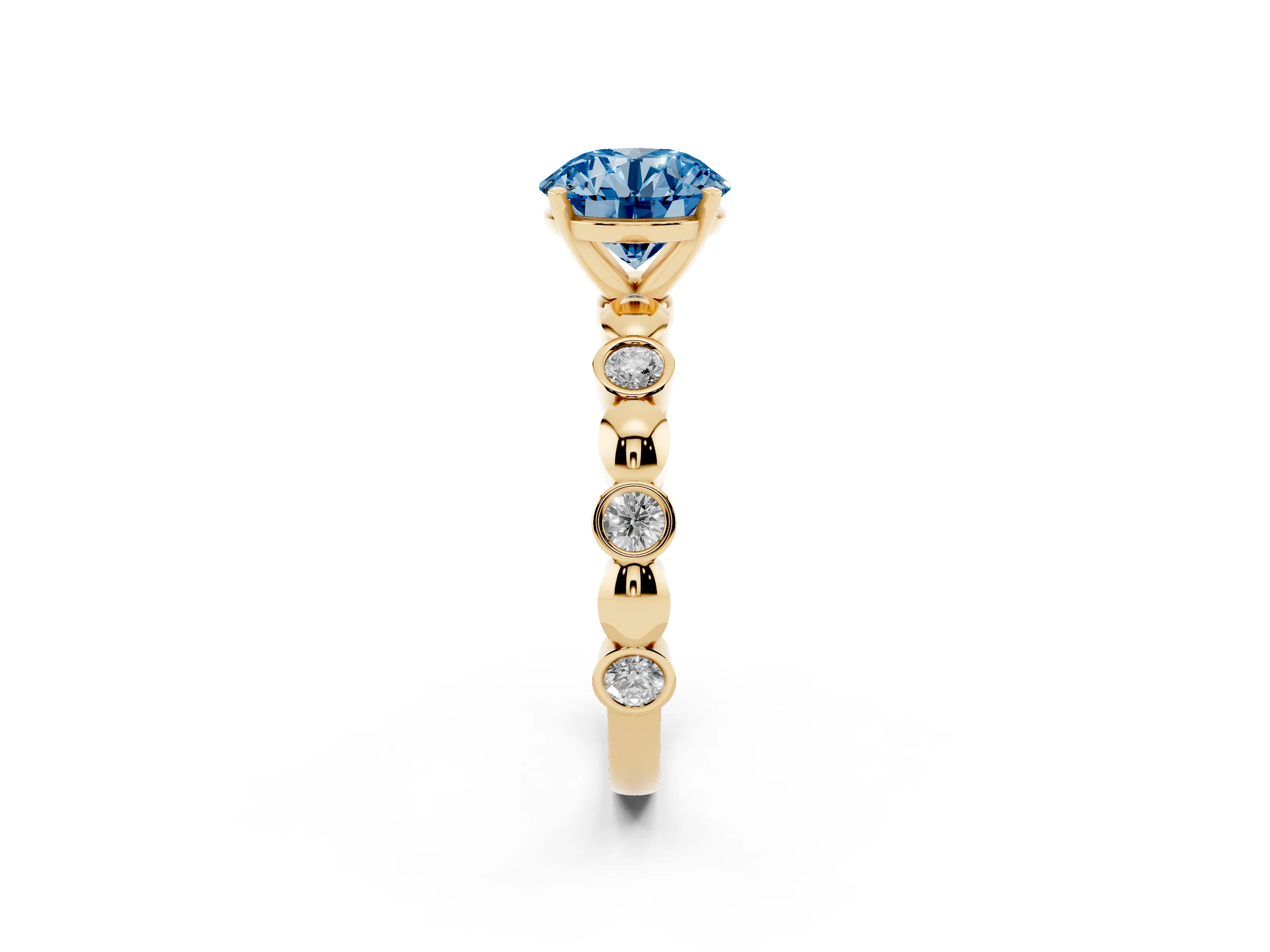 Fancy Blue Round Cut Diamond Solitaire Ring Set in Yellow gold with Bezel-Set Accents on Beaded Band and Prong Setting