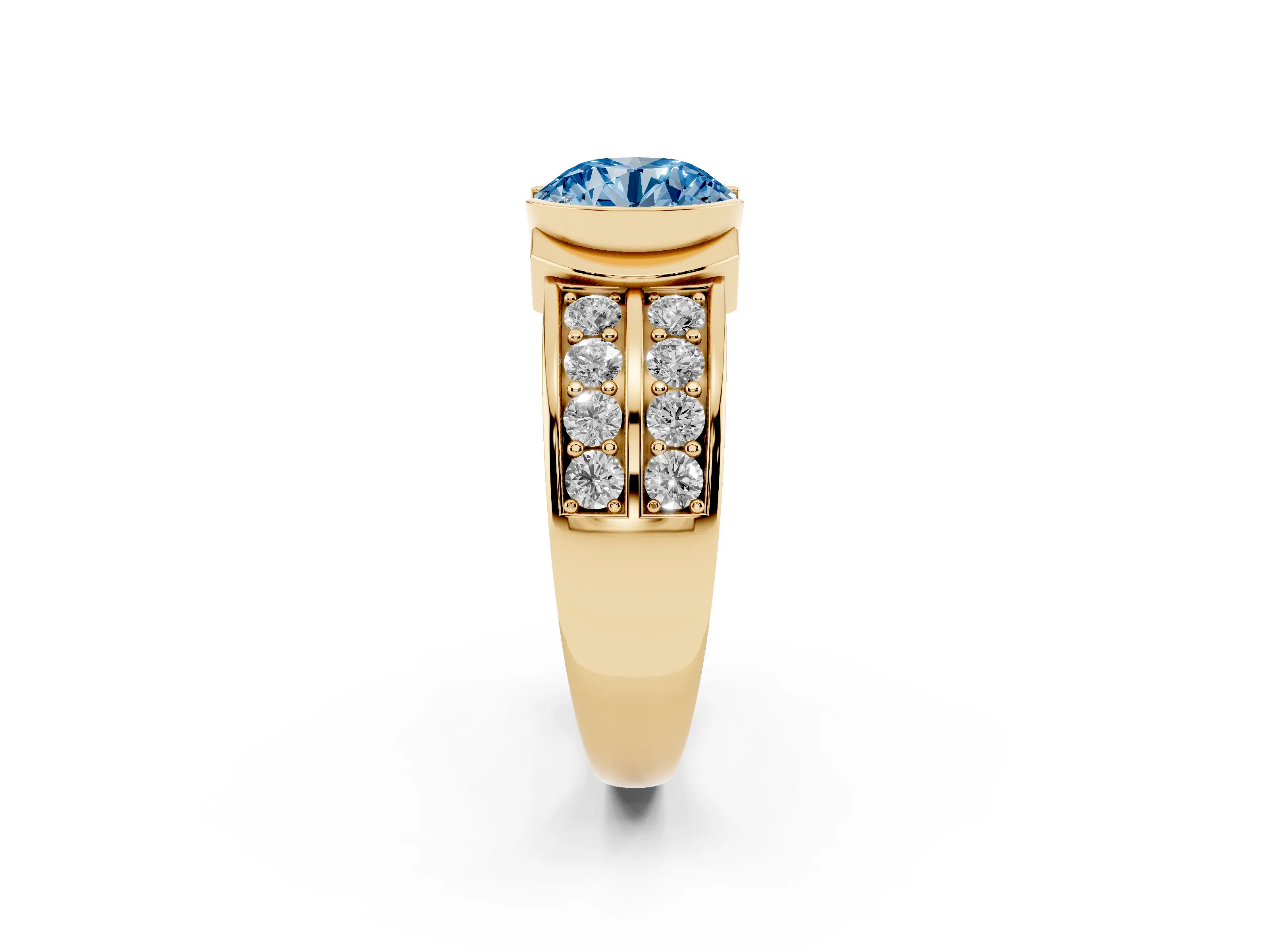 Fancy Blue Round Cut Diamond Wide Channel Set Band Ring Set in Yellow gold with Bezel Setting