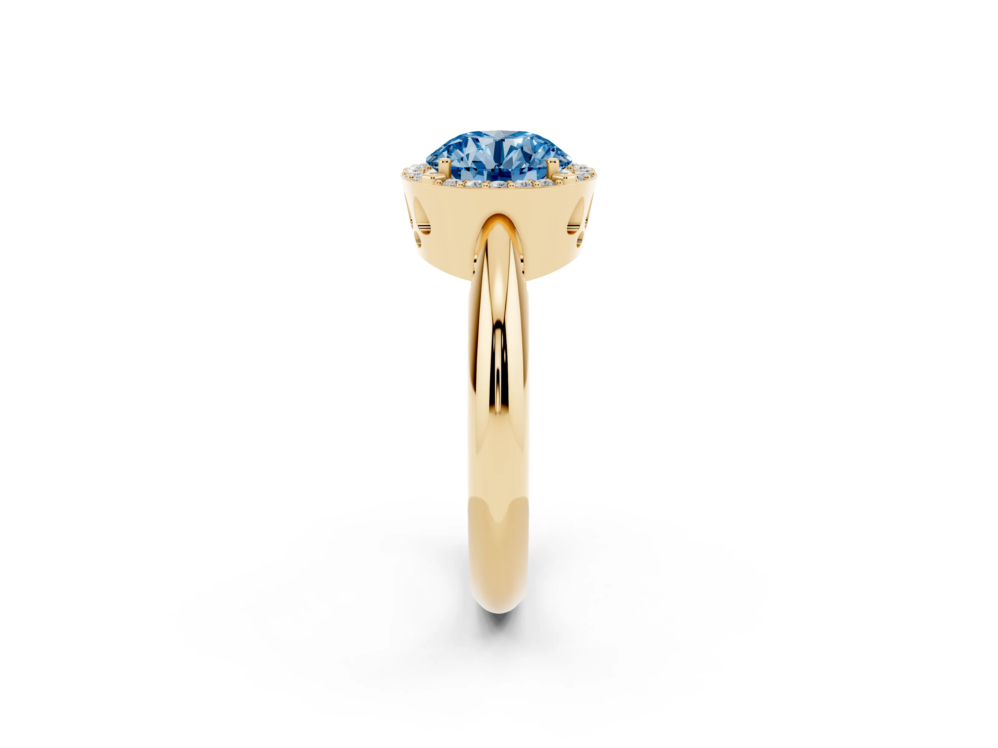 Fancy Blue Round Cut Diamond Halo Engagement Ring Set in Yellow gold with Plain Split Shank and Prong Setting