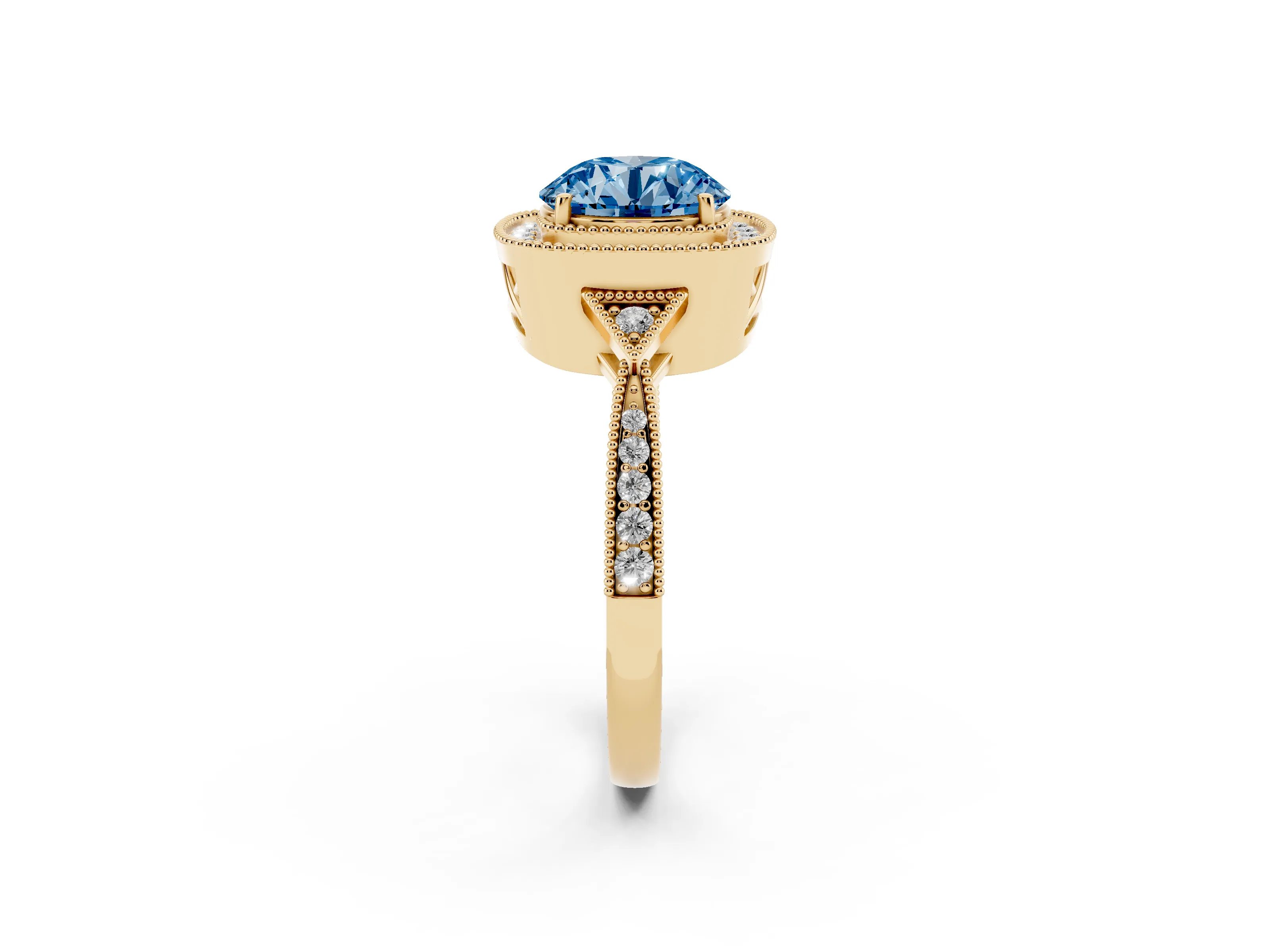 Fancy Blue Round Cut Diamond Halo Engagement Ring Set in Yellow gold with Milgrain Pavé Band