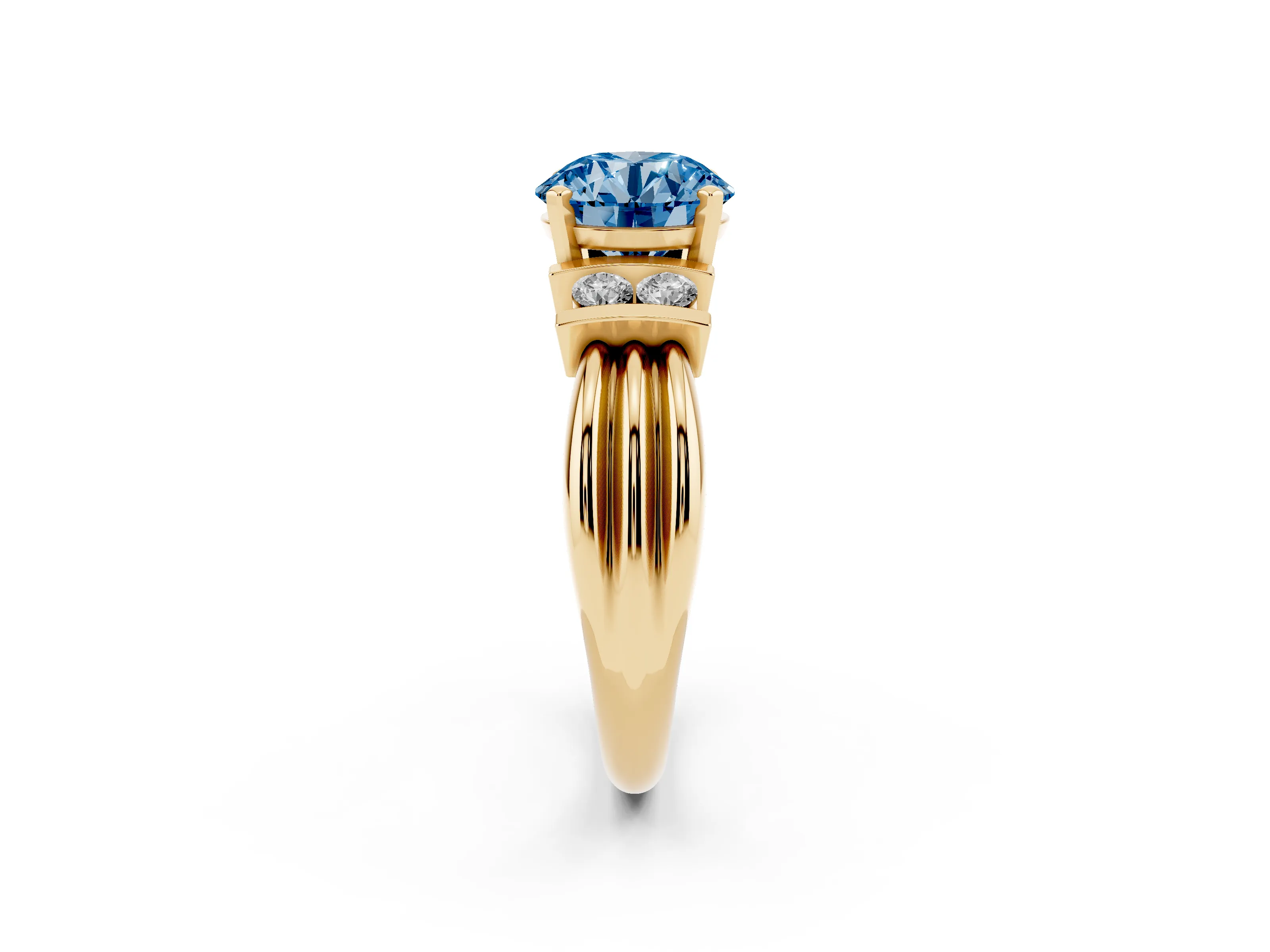Fancy Blue Three-Stone Round Cut Diamond Channel Set Ring Set in Yellow gold with Bar Prongs