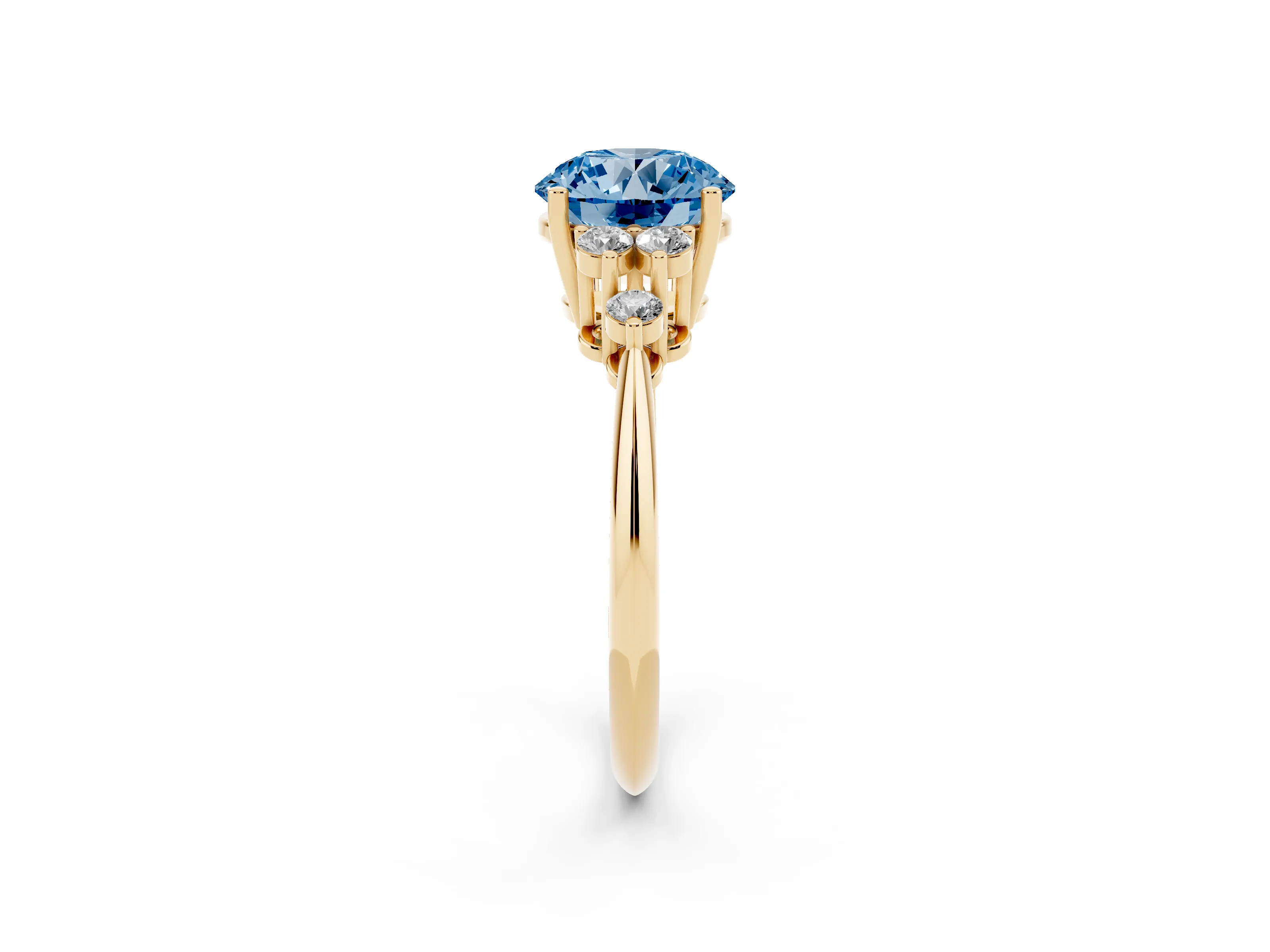 Fancy Blue Round Cut Diamond Cluster Ring Set in Yellow gold with Plain Band and Prong Setting