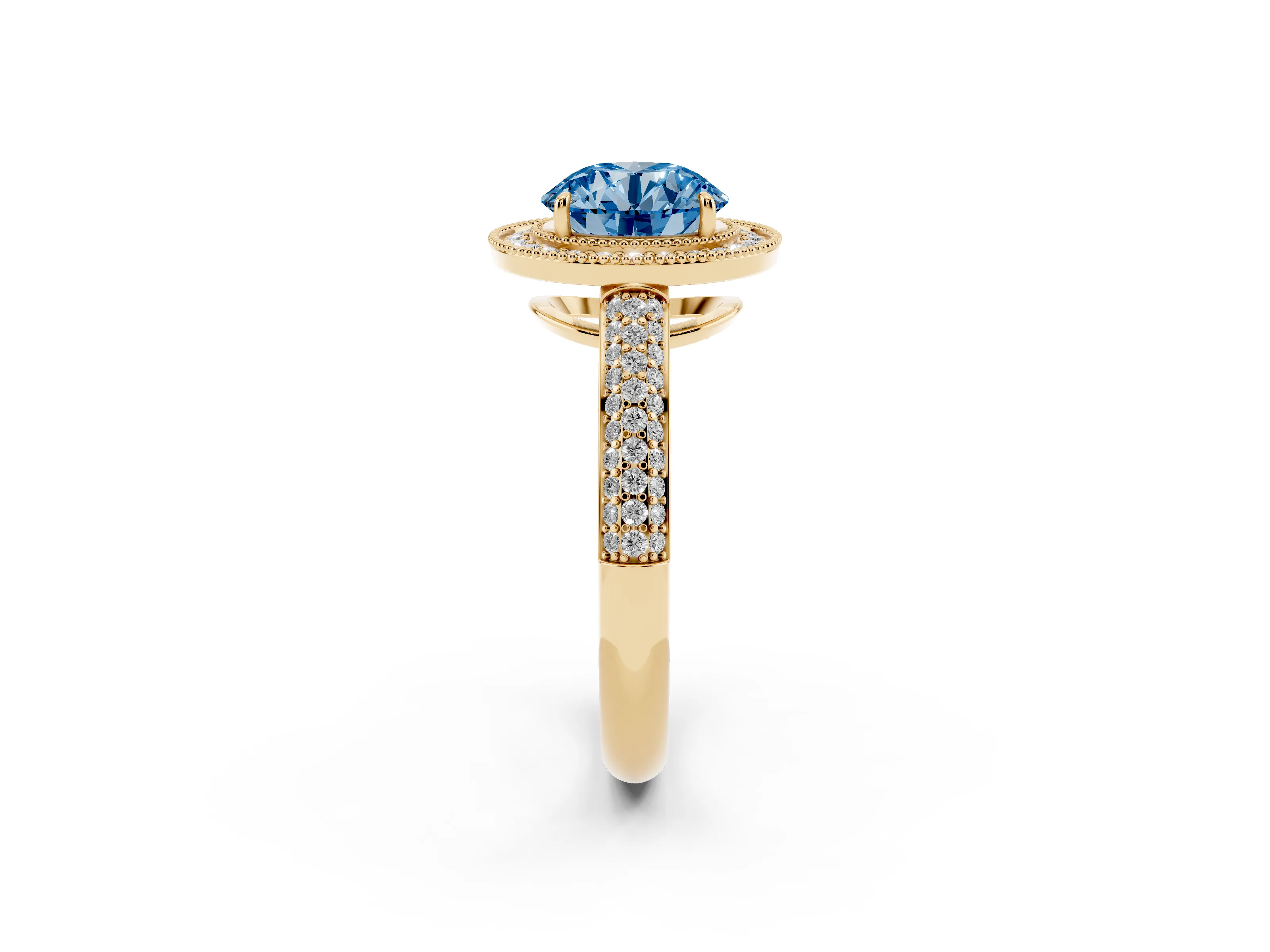 Fancy Blue Round Cut Diamond Halo Pavé Band Set in Yellow gold with Prong Setting