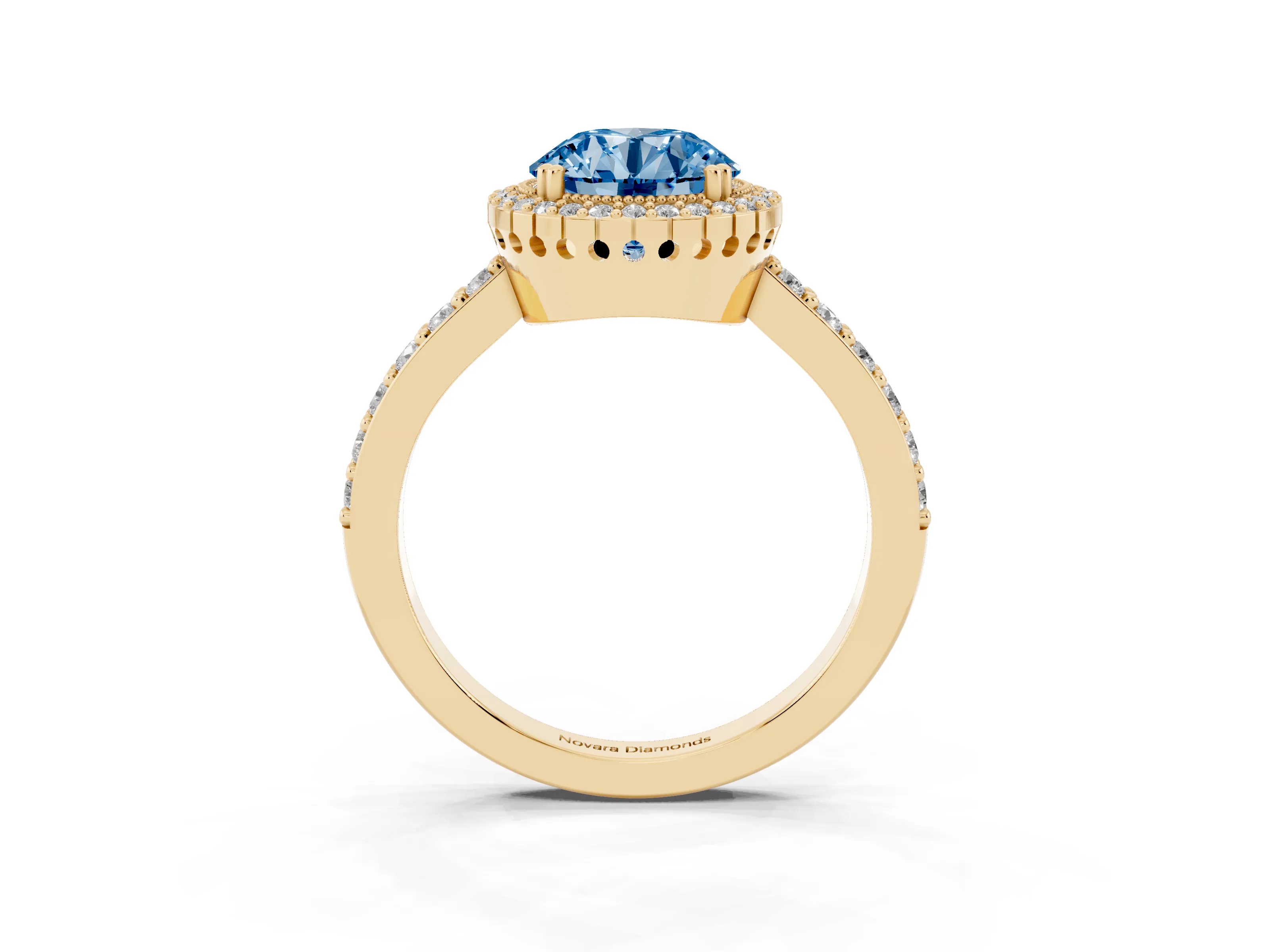 Fancy Blue Round Cut Diamond Halo Engagement Ring Set in Yellow gold with Milgrain Detail and Pavé Band