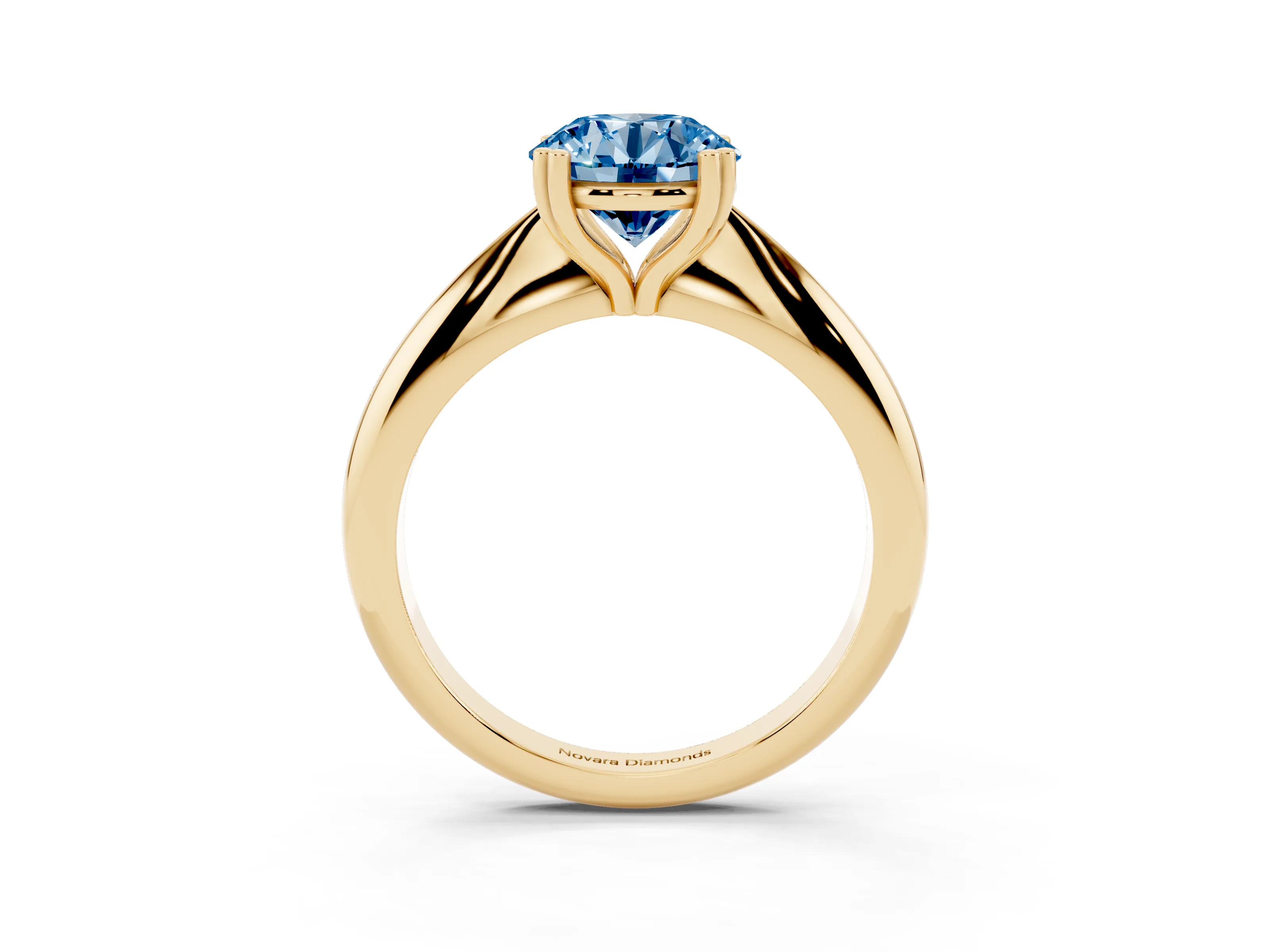 Fancy Blue Round Cut Diamond Solitaire Engagement Ring Set in Yellow gold with Tapered Band and Prong Setting