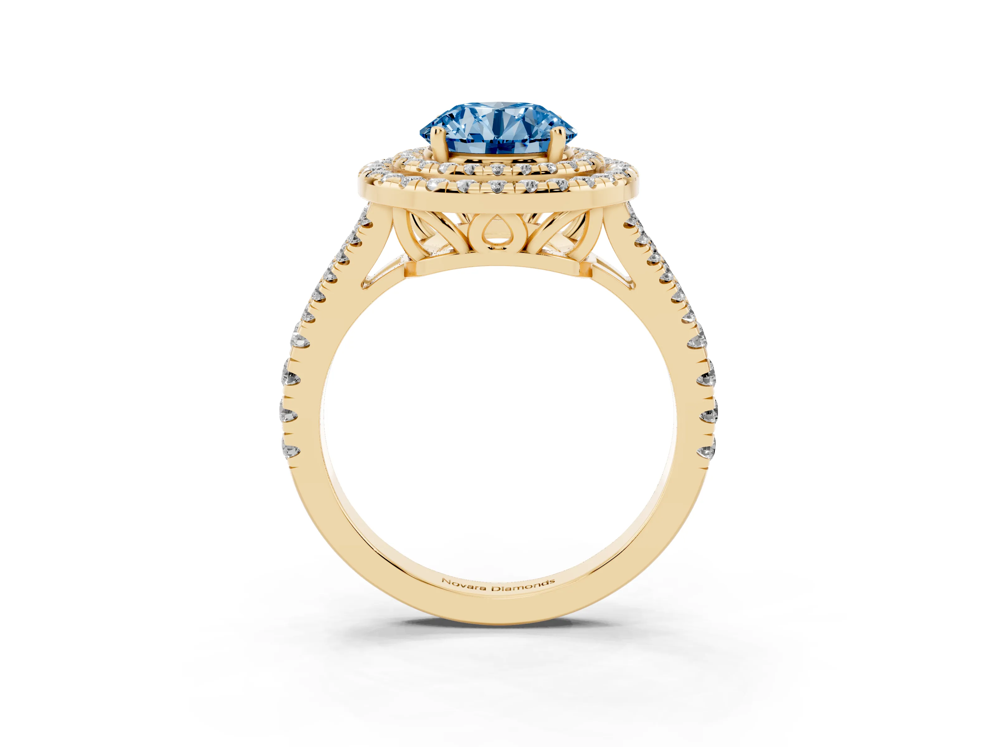 Fancy Blue Round Cut Diamond Double Halo Ring Set in Yellow gold with Pavé Band