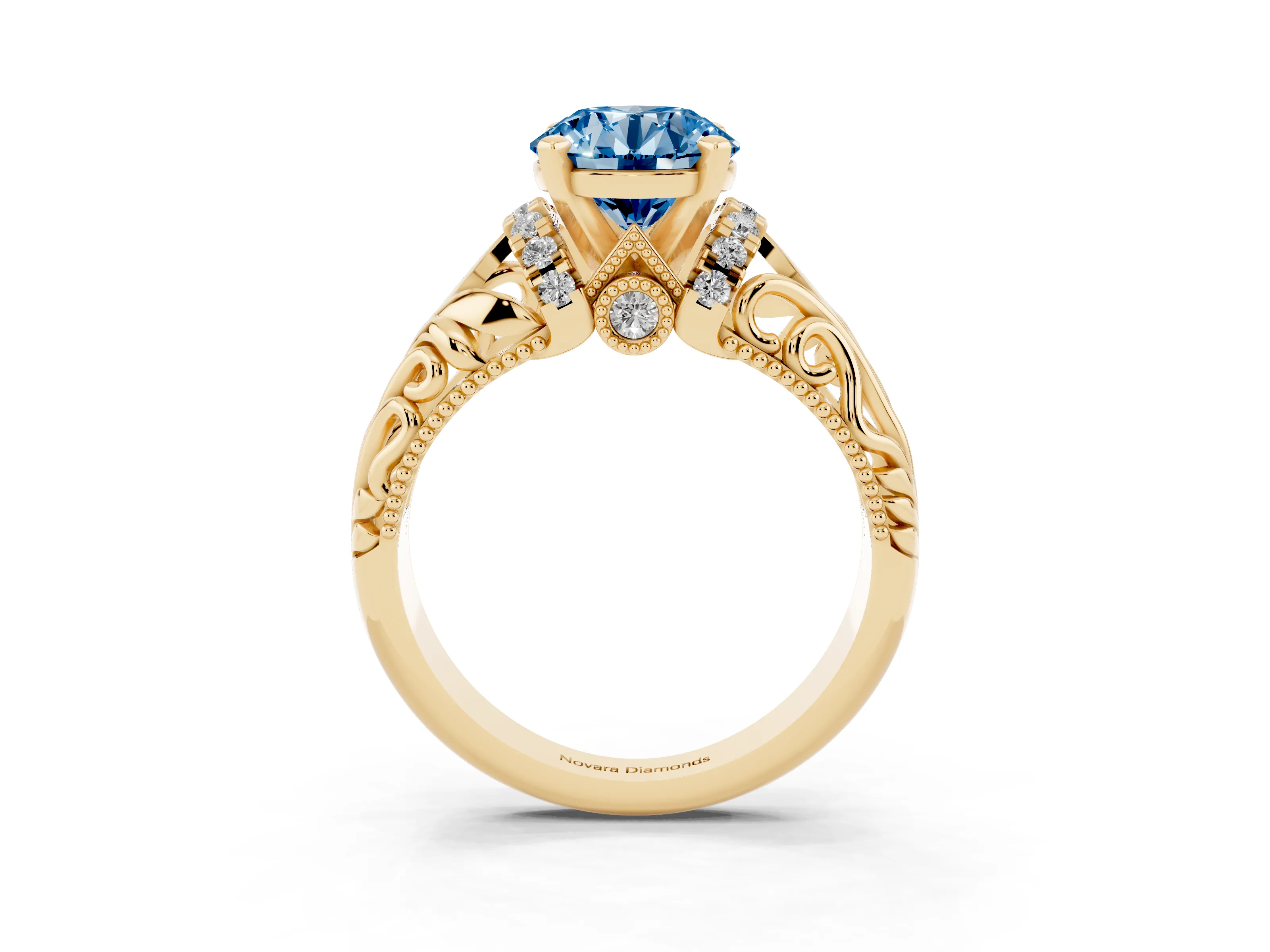 Fancy Blue Round Cut Diamond Filigree Halo Engagement Ring Set in Yellow gold with Prong Setting