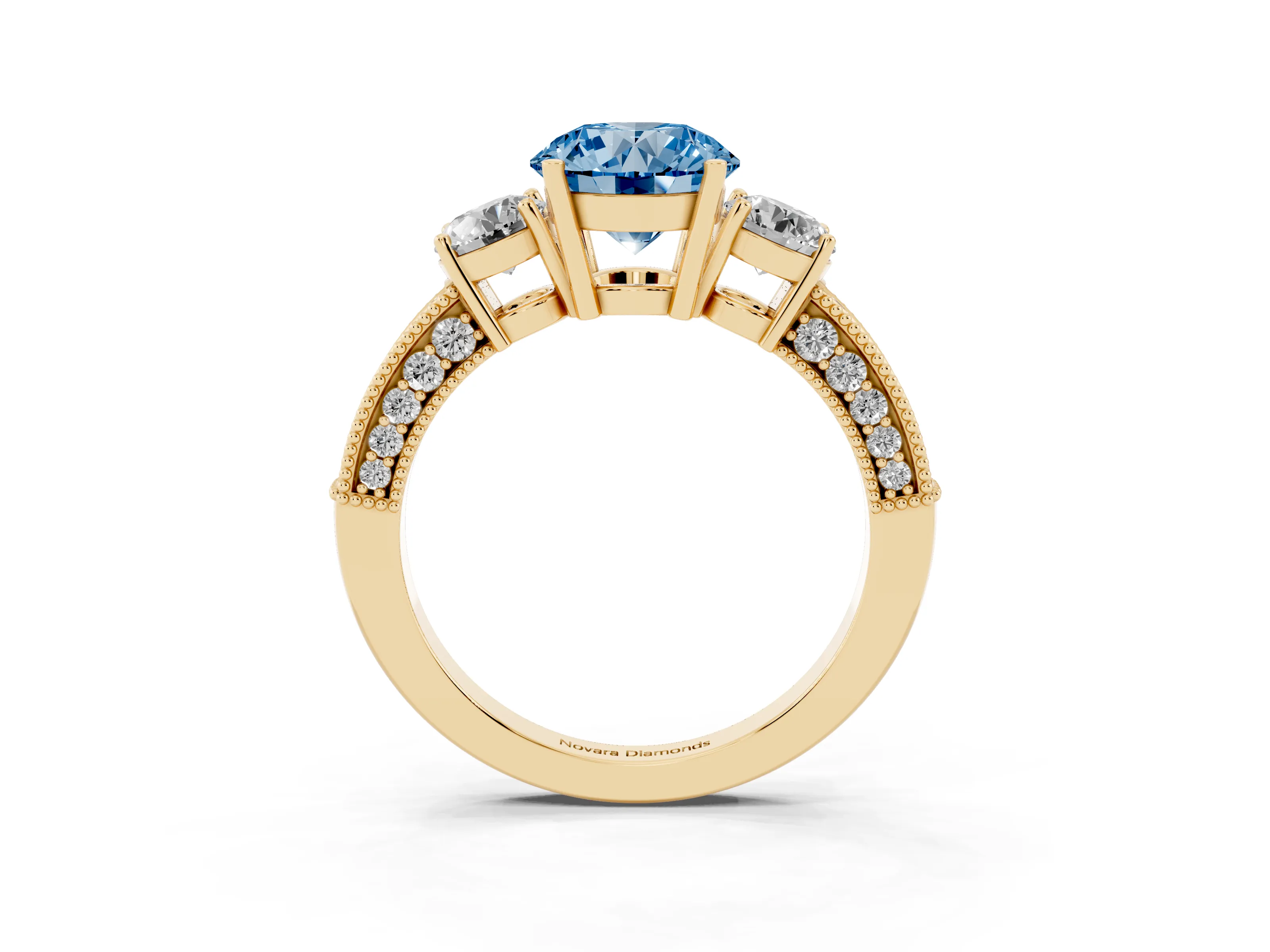 Fancy Blue Round Cut Diamond Three-Stone Ring Set in Yellow gold with Round Side Stones and Pavé Band