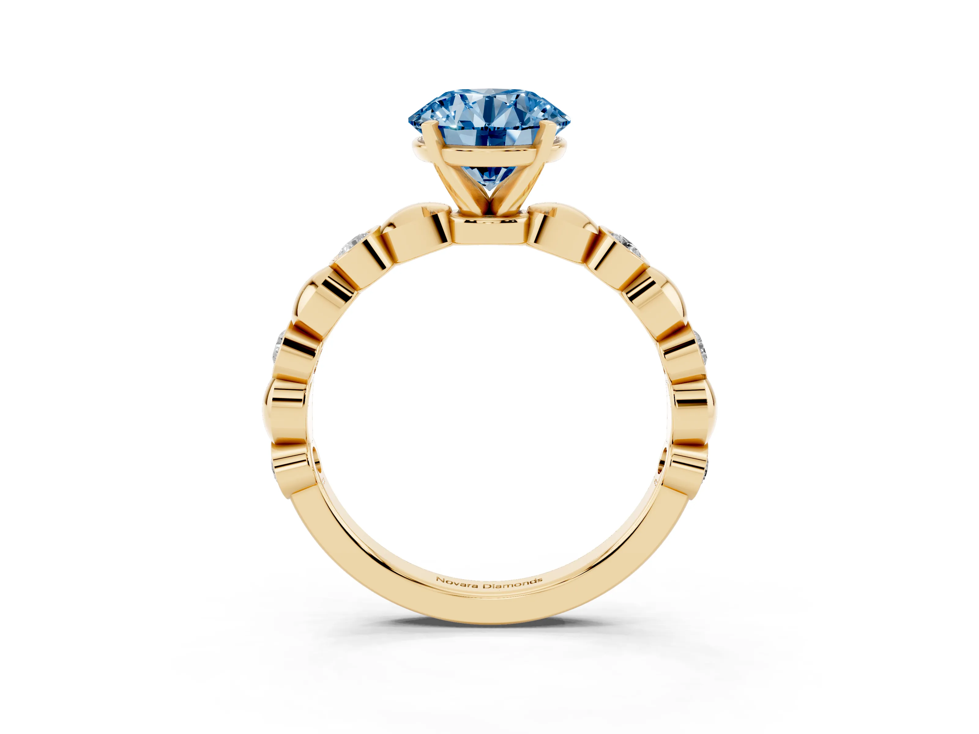 Fancy Blue Round Cut Diamond Solitaire Ring Set in Yellow gold with Bezel-Set Accents on Beaded Band and Prong Setting