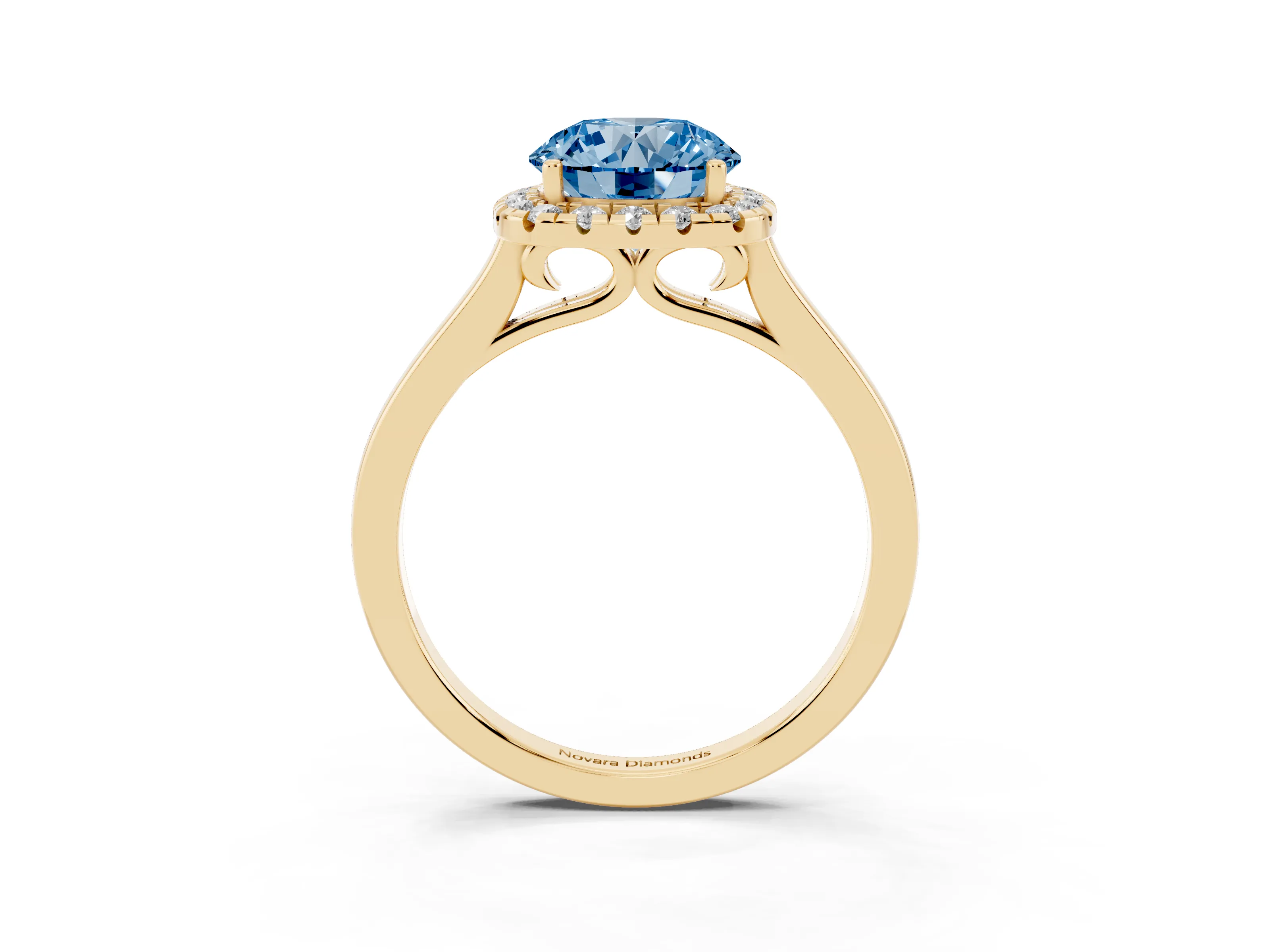 Fancy Blue Round Cut Halo Round Diamond Solitaire Ring Set in Yellow gold with Pavé Band and Prong Setting