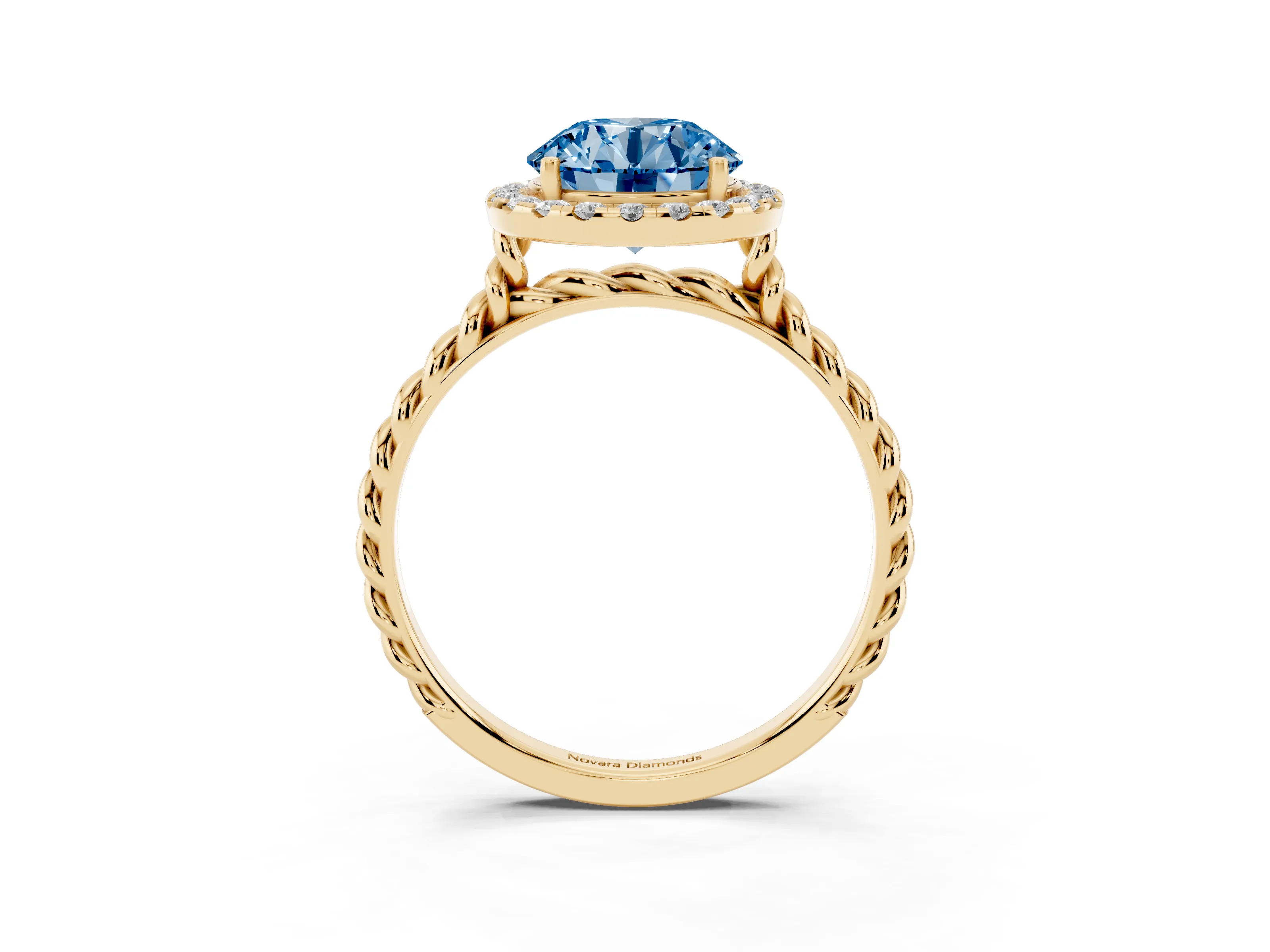Fancy Blue Round Cut Diamond Halo Ring Set in Yellow gold with Plain Twisted Band