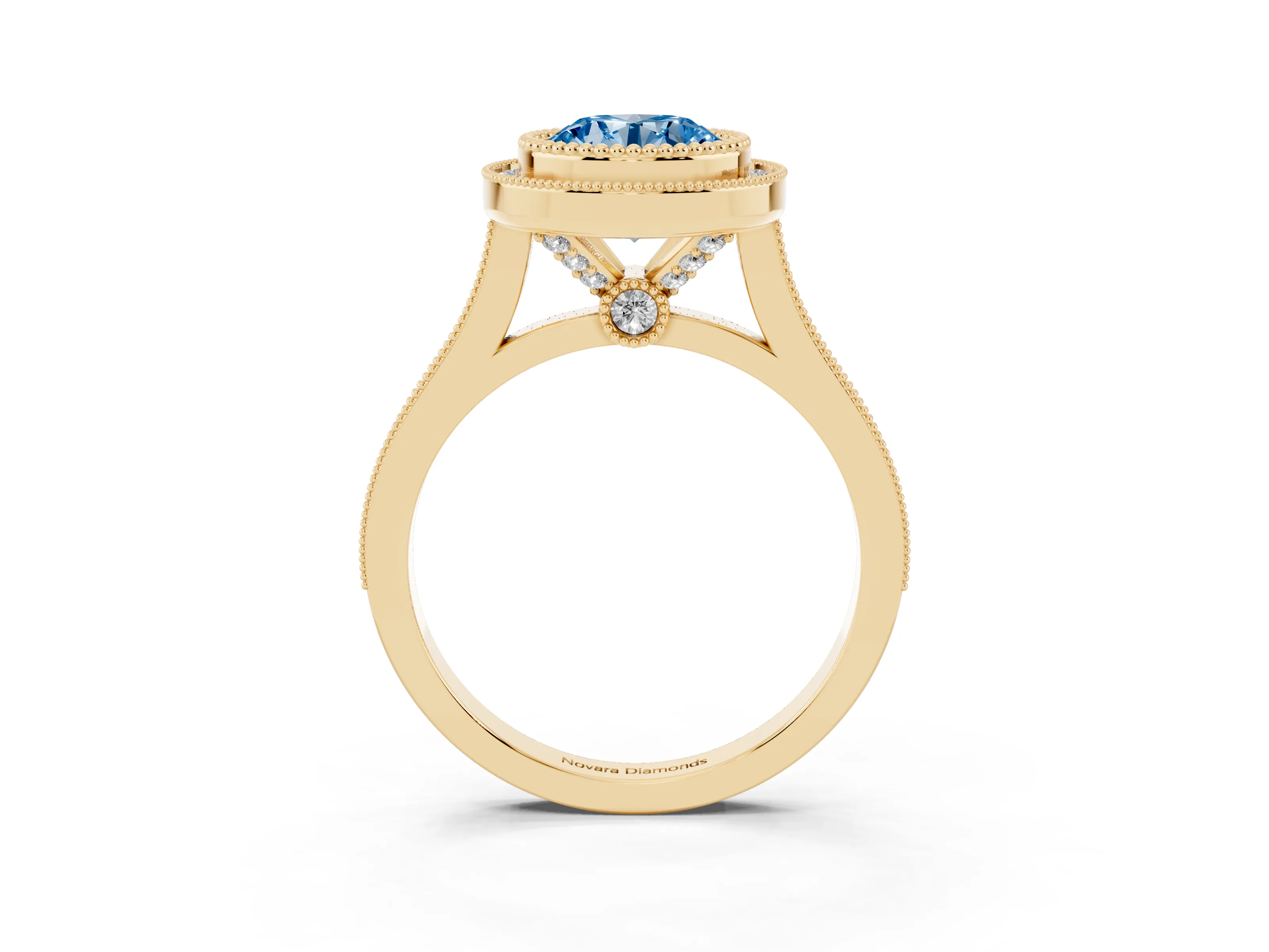 Fancy Blue Round Cut Diamond Halo Ring Set in Yellow gold with Milgrain Frame and Pavé Band