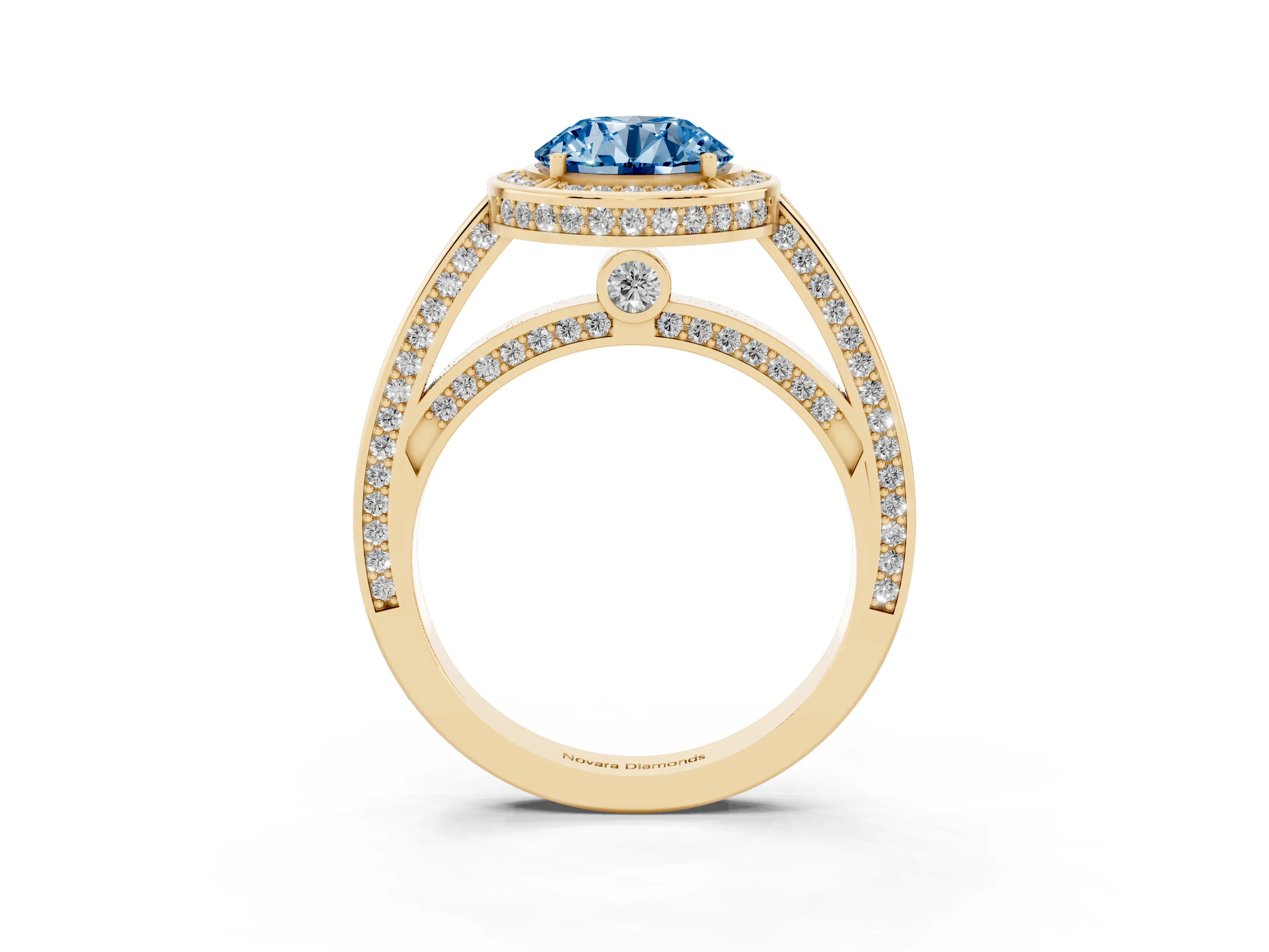 Fancy Blue Round Cut Diamond Halo Pavé Split Shank Ring Set in Yellow gold with Prong Setting