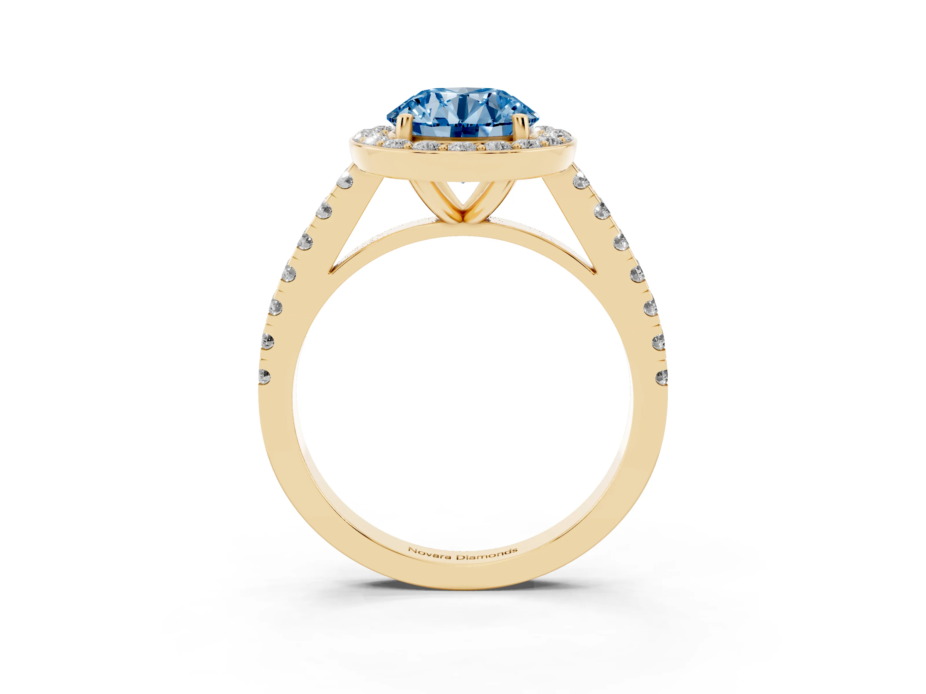 Fancy Blue Round Cut Diamond Halo Ring Set in Yellow gold with Round Pavé Split Shank and Prong Setting