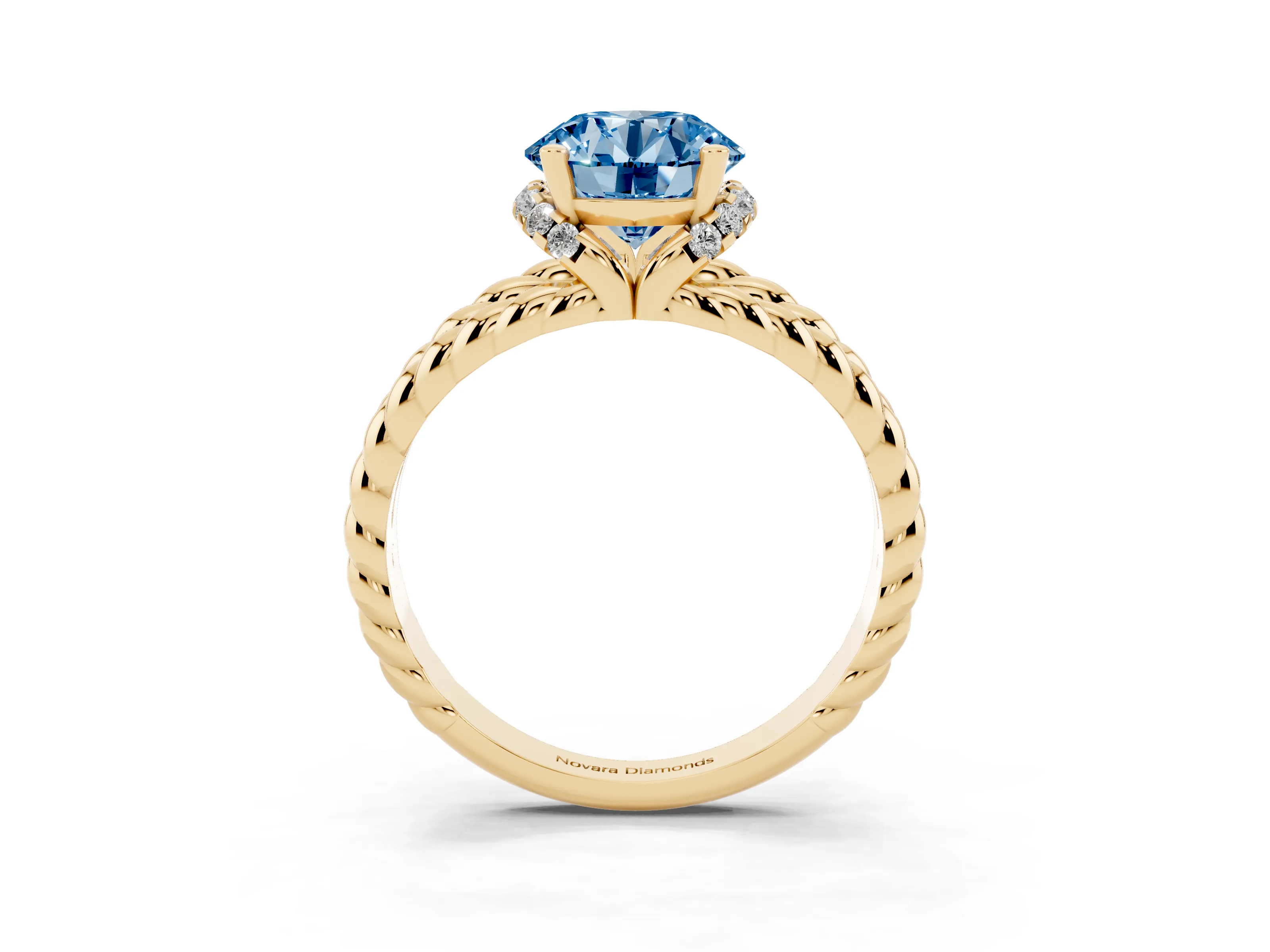 Fancy Blue Round Cut Diamond Halo Ring Set in Yellow gold with Twisted Band and Prong Setting