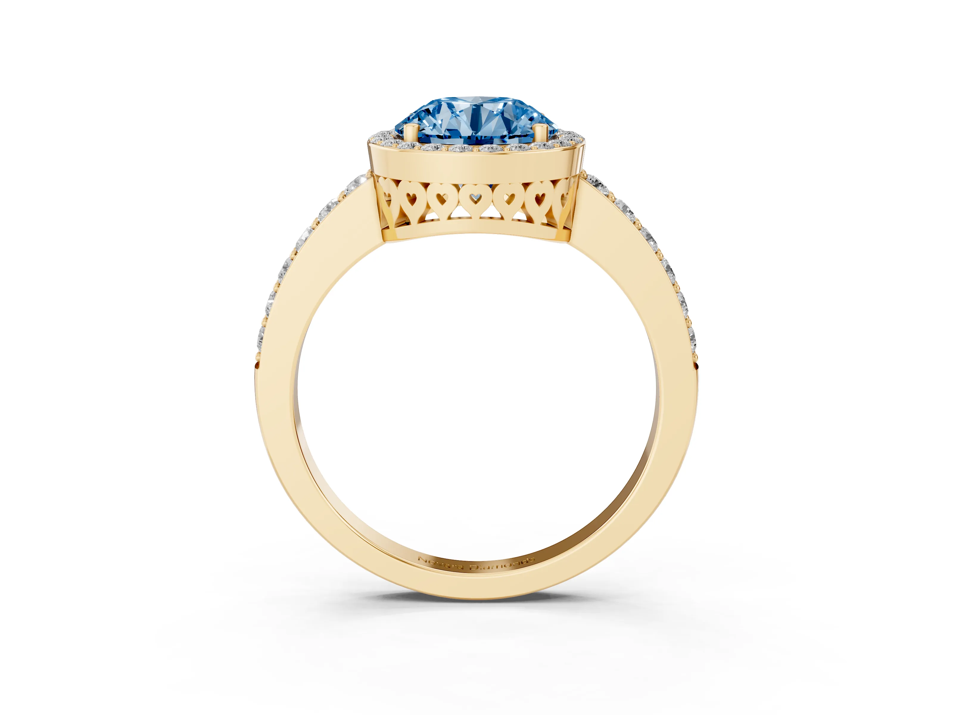 Fancy Blue Round Cut Diamond Halo Ring Set in Yellow gold with Pavé-Setting Band and Open Prong Center