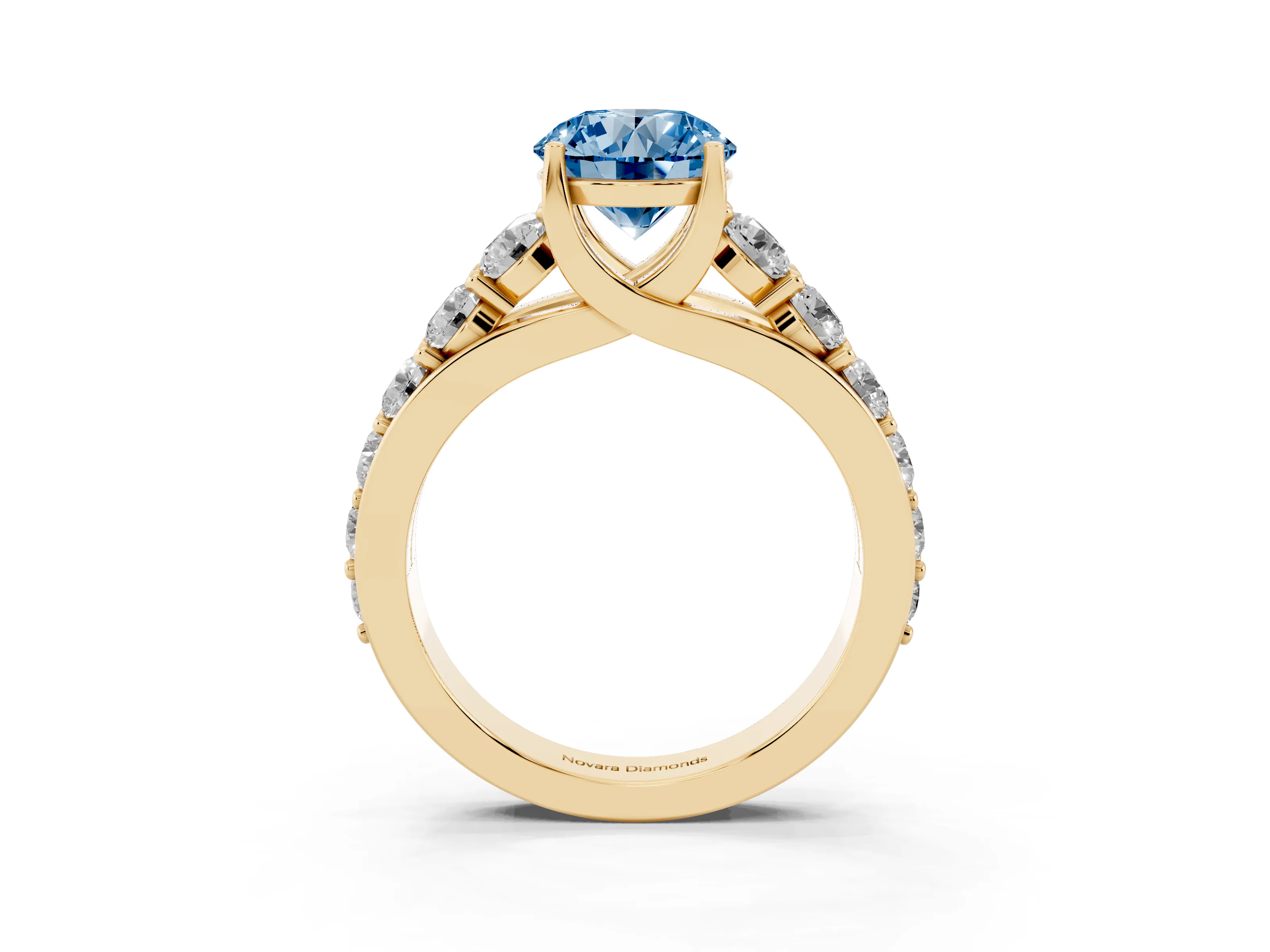 Fancy Blue Round Cut Diamond Pavé Engagement Ring Set in Yellow gold with Prong Setting