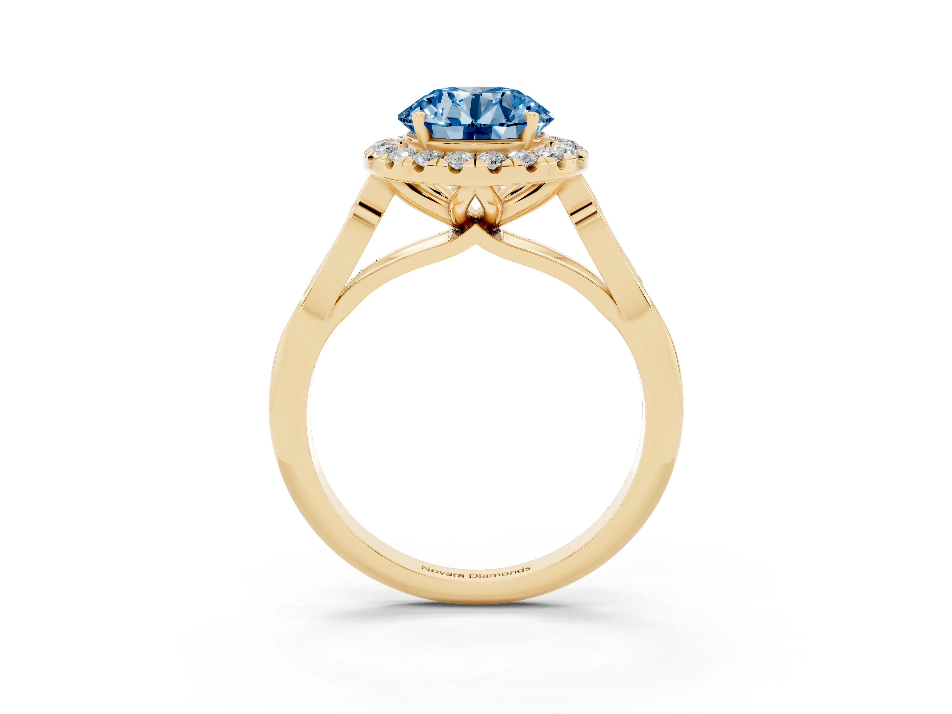 Fancy Blue Round Cut Diamond Halo Engagement Ring Set in Yellow gold with Filigree Band and Prong-Set Center