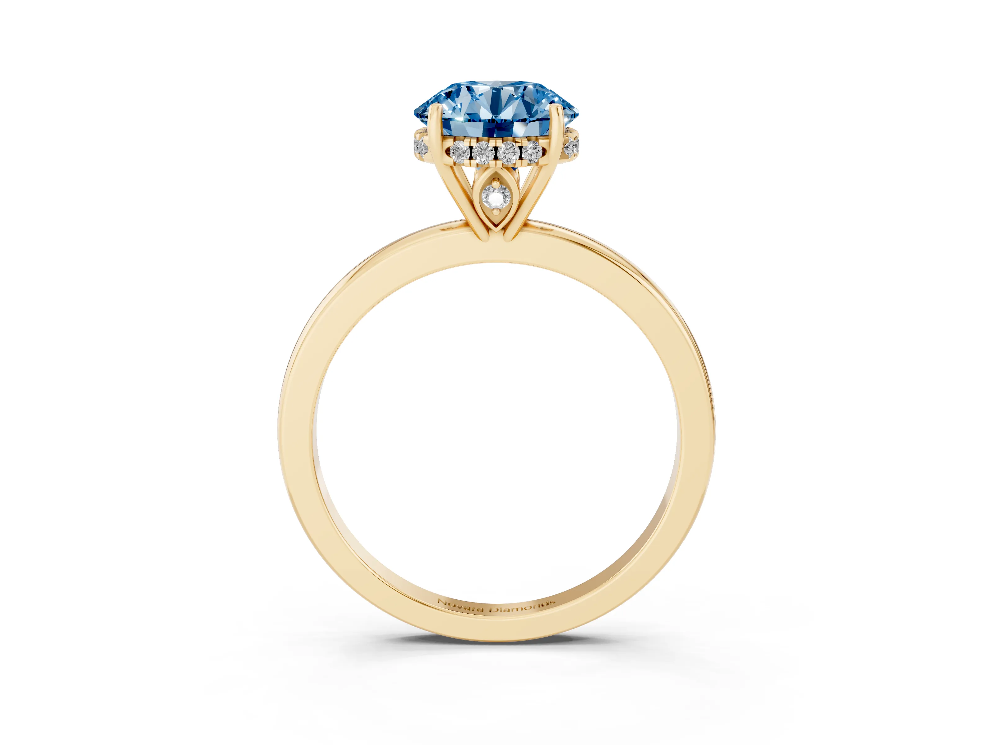 Fancy Blue Round Cut Diamond Solitaire Ring Set in Yellow gold with Plain Band and Prong Setting