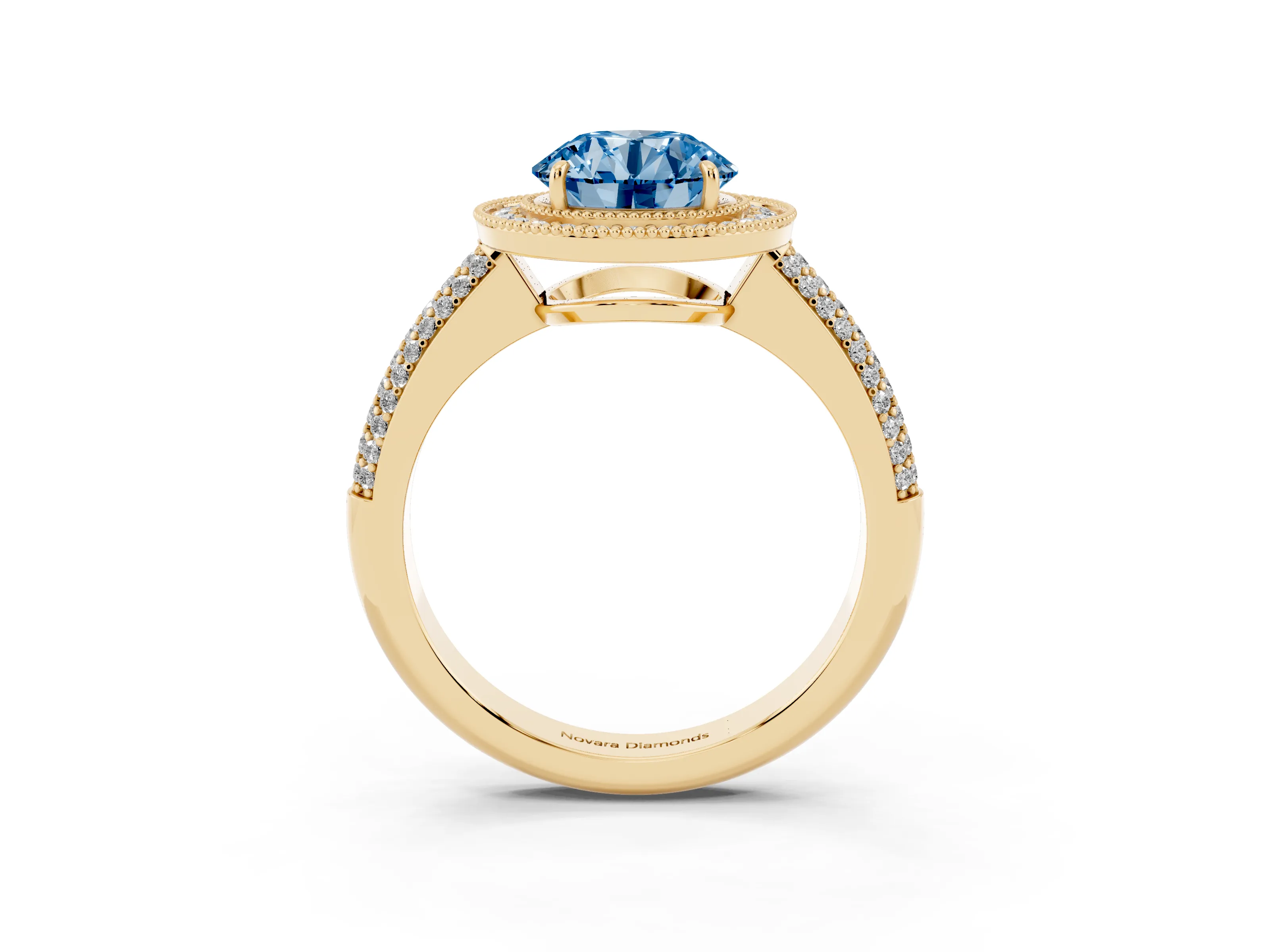 Fancy Blue Round Cut Diamond Halo Pavé Band Set in Yellow gold with Prong Setting