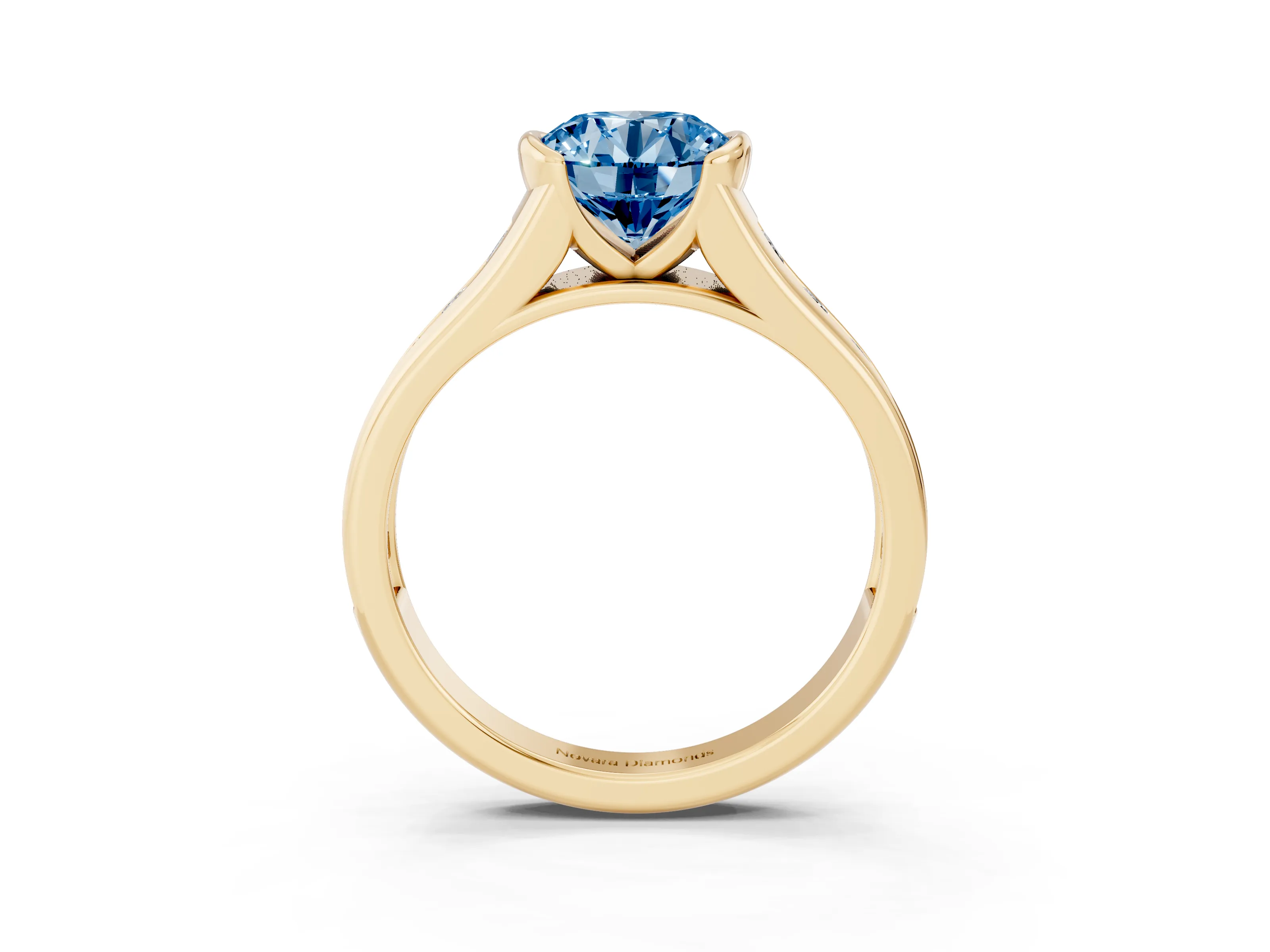 Fancy Blue Round Cut Diamond Bezel-Set Solitaire Ring Set in Yellow gold with Channel-Set Band
