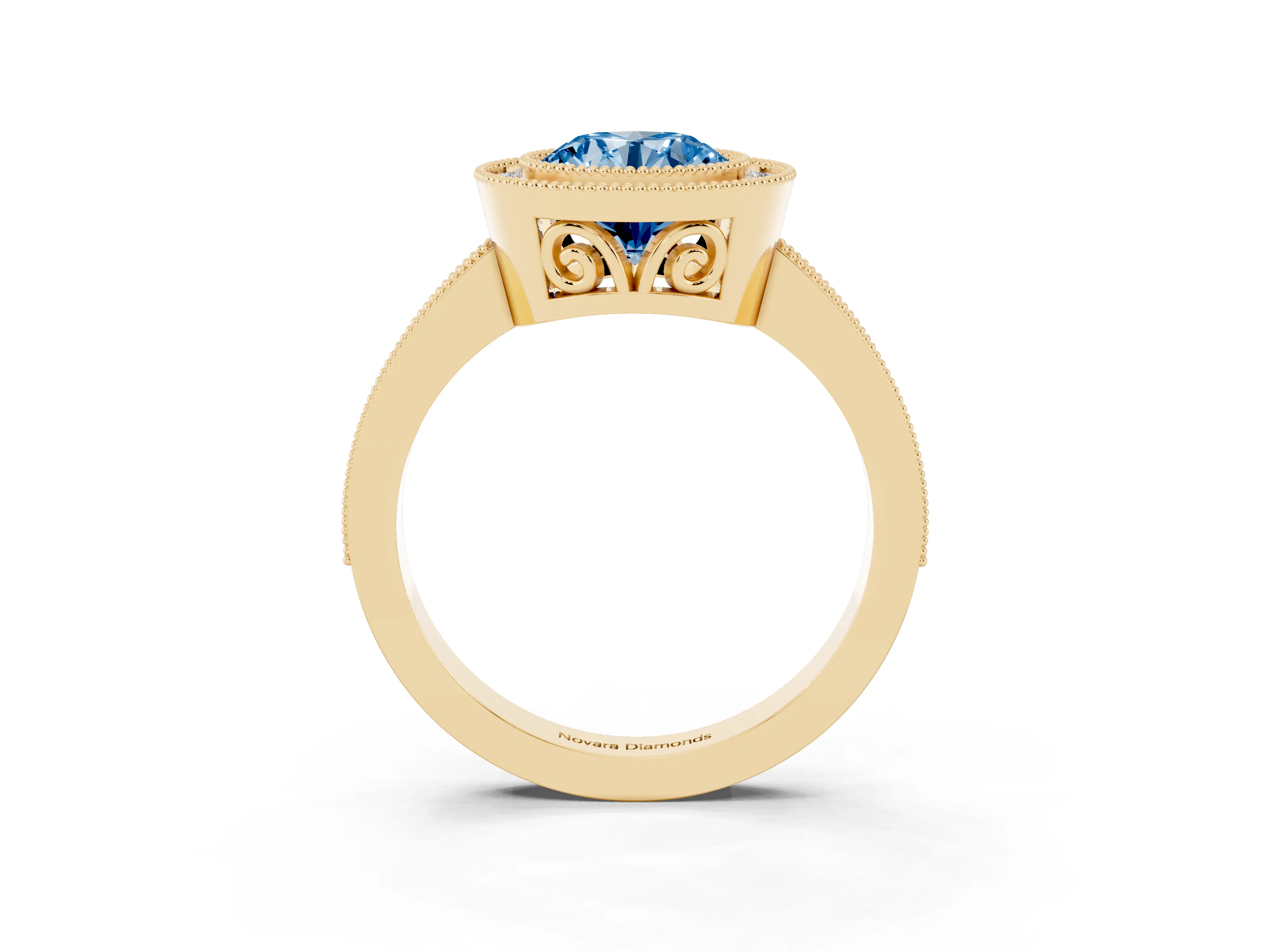 Fancy Blue Round Cut Diamond Halo Ring Set in Yellow gold with Pavé Band and Milgrain-Edged Prongs