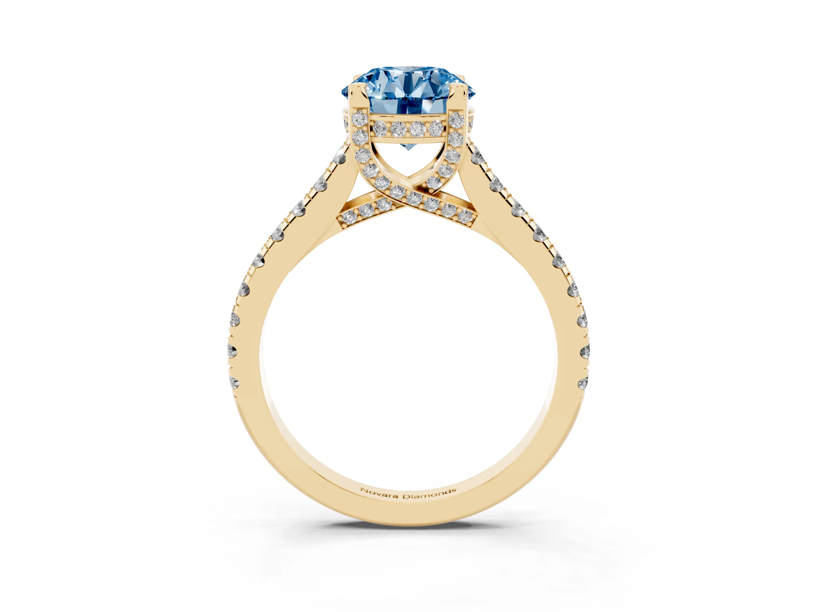 Fancy Blue Round Cut Diamond Solitaire Ring Set in Yellow gold with Brilliant Pavé Band and Prong Setting
