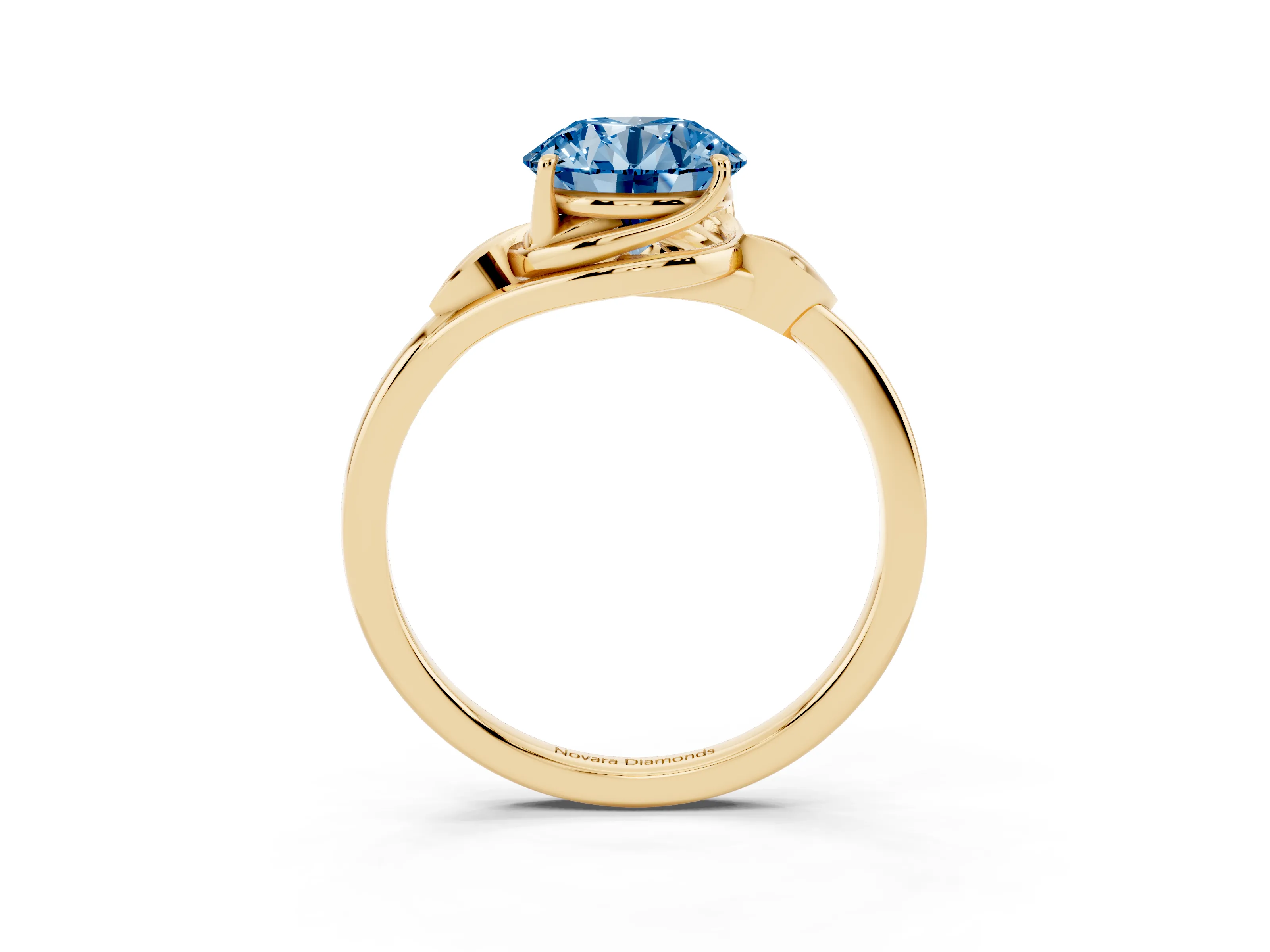 Fancy Blue Round Cut Diamond Solitaire Ring Set in Yellow gold with Polished Twist Band