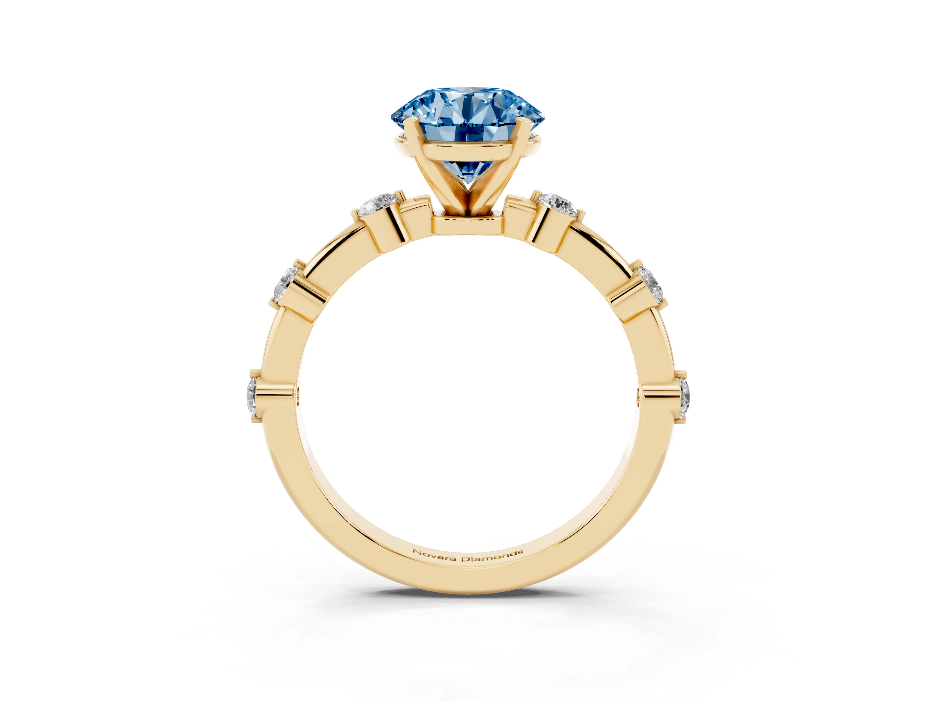 Fancy Blue Round Cut Diamond Solitaire Ring Set in Yellow gold with Bezel Set Side Stones and Prong Setting