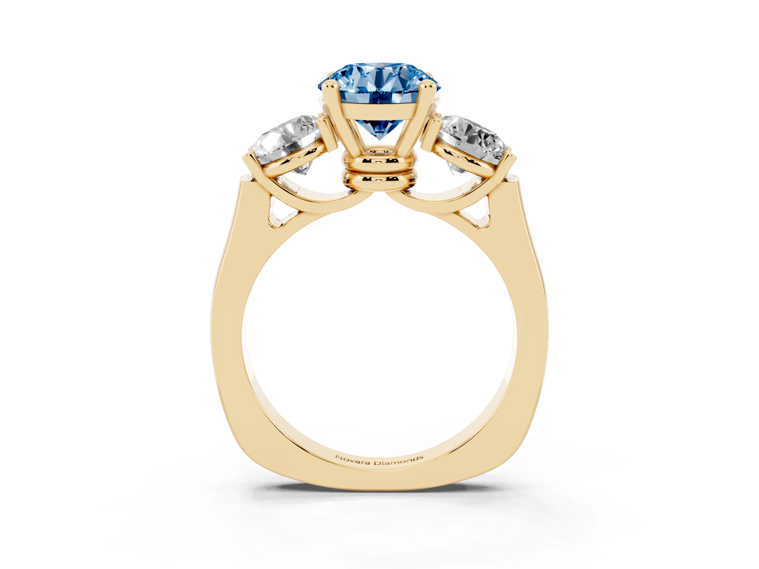 Fancy Blue Round Cut Diamond Three-Stone Trellis Ring Set in Yellow gold with Comfort Fit Band