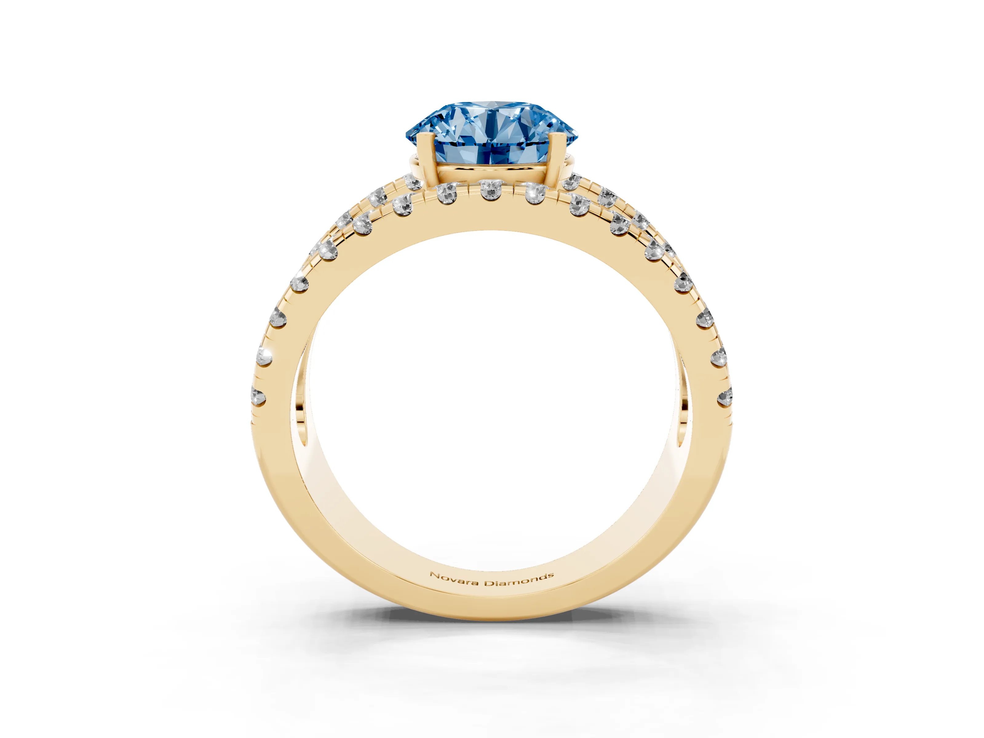 Fancy Blue Round Cut Diamond Split Shank Pavé Solitaire Ring Set in Yellow gold with Open Shank Design