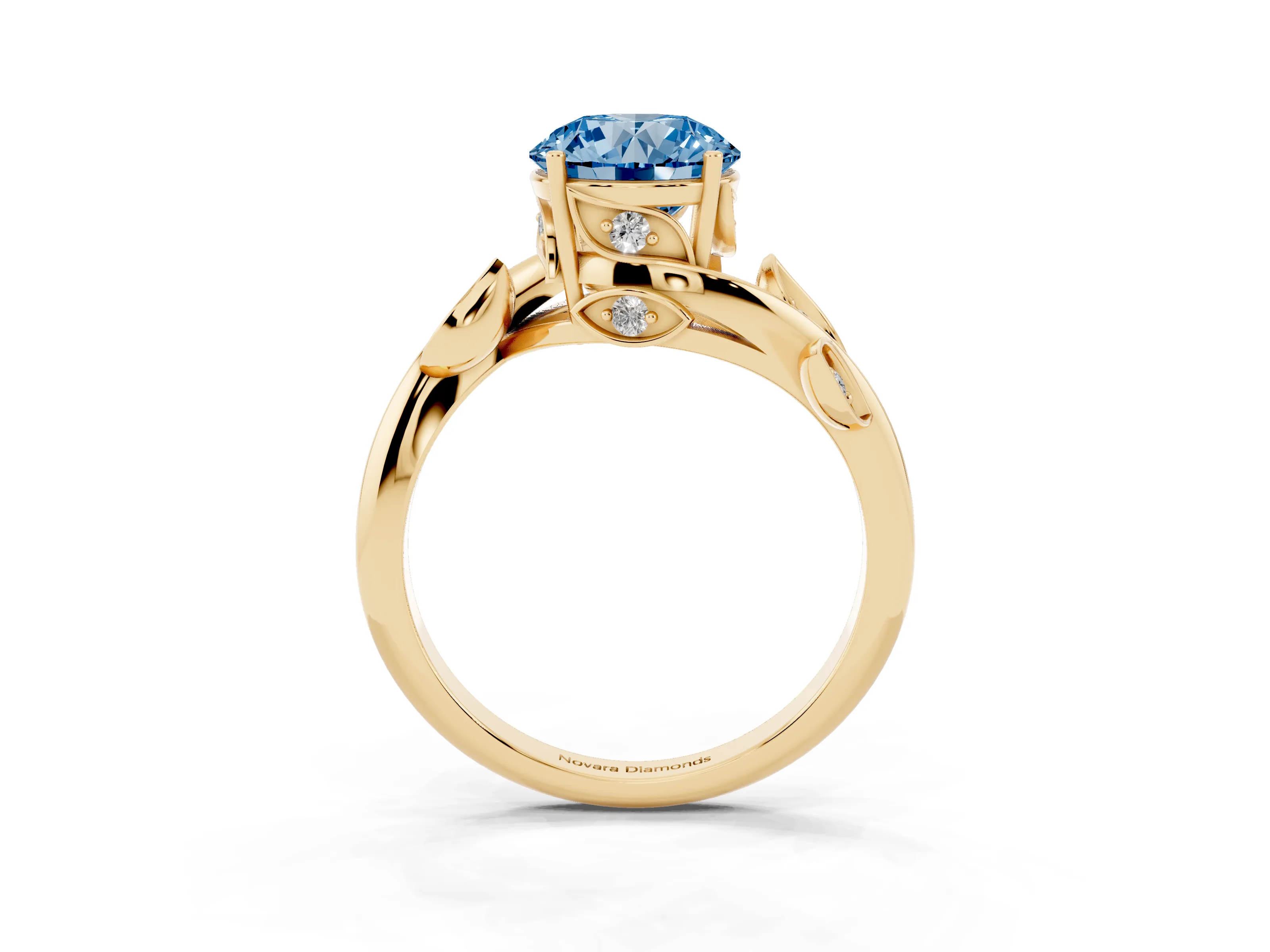 Fancy Blue Round Cut Diamond Solitaire Twist Engagement Ring Set in Yellow gold with Pavé Leaf Accents