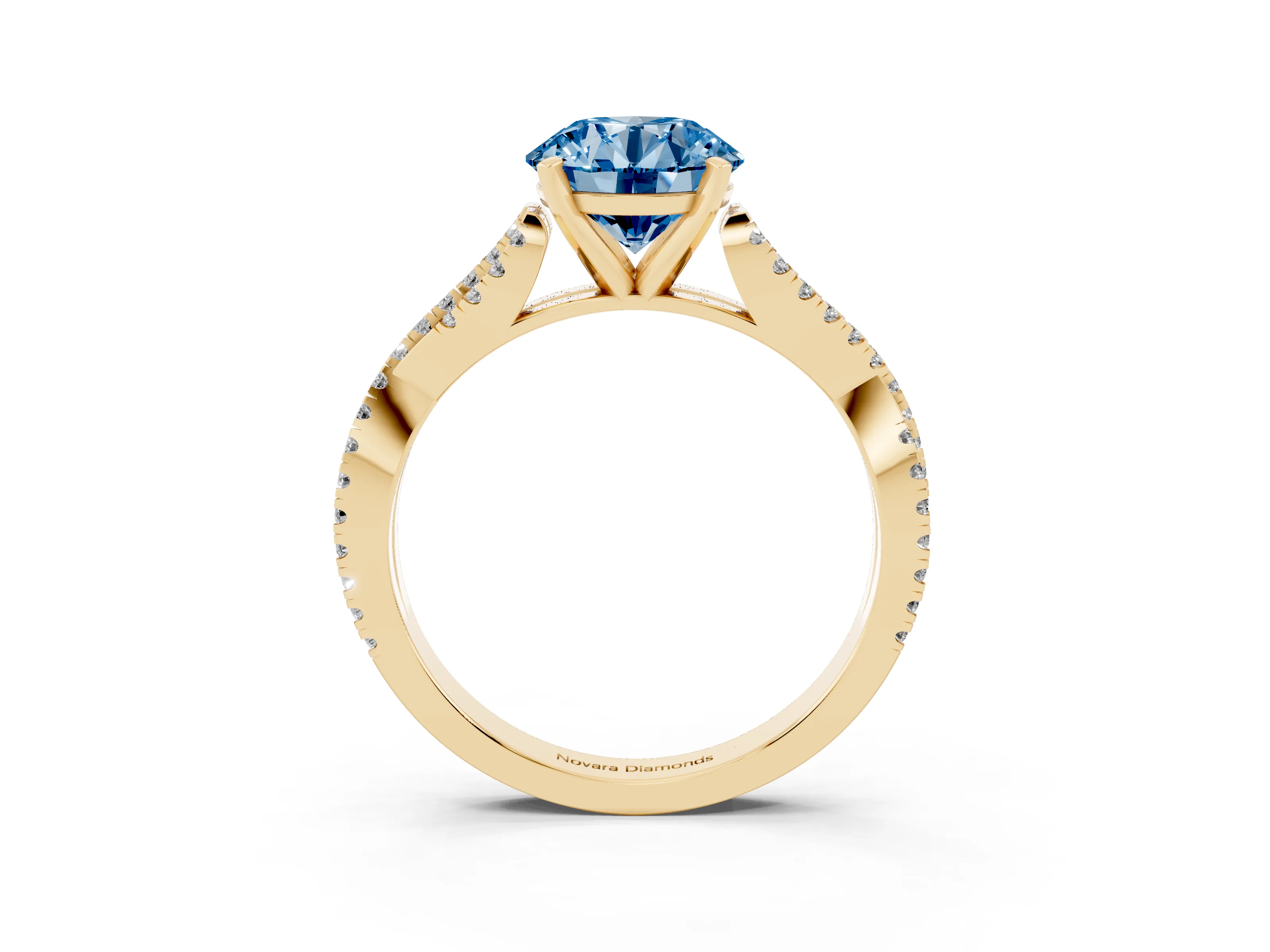 Fancy Blue Round Cut Diamond Solitaire Engagement Ring Set in Yellow gold with Twisted Pavé Band and Prong Setting