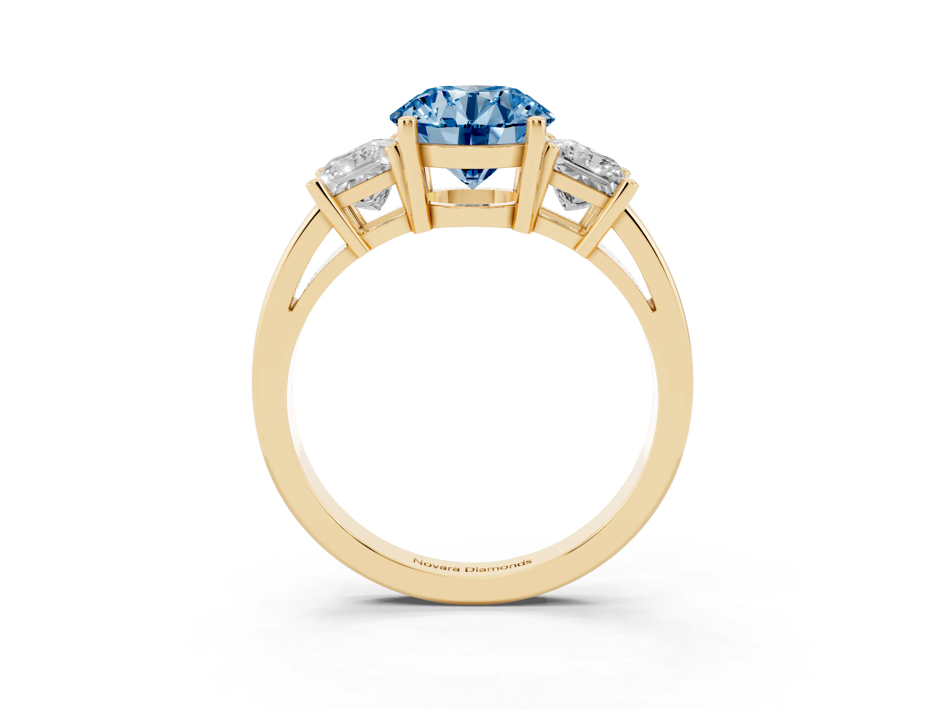 Fancy Blue Three-Stone Round Cut Diamond Solitaire Ring Set in Yellow gold with Prong Setting