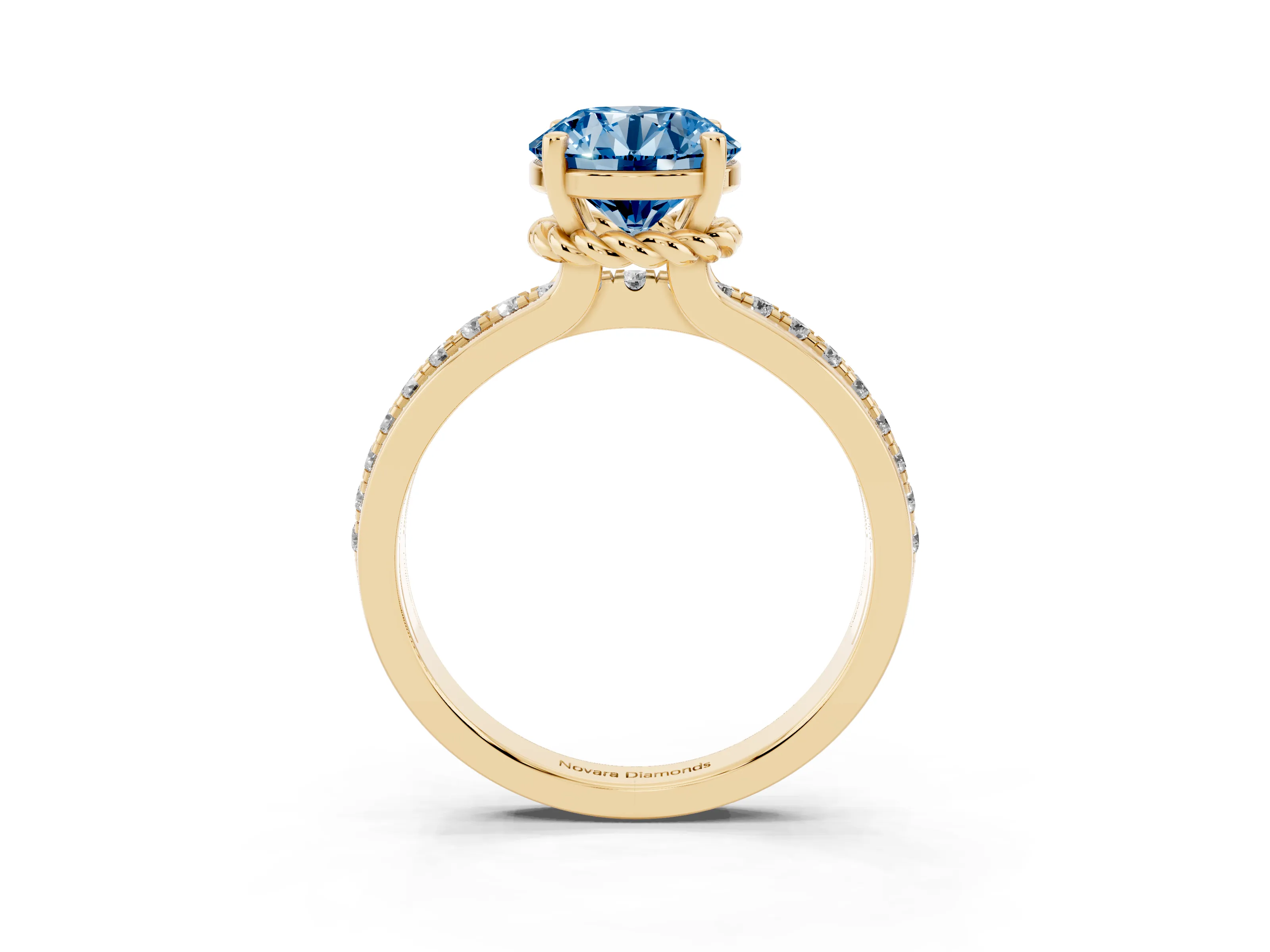 Fancy Blue Round Cut Diamond Solitaire Ring Set in Yellow gold with Channel Set Band and Prong Setting