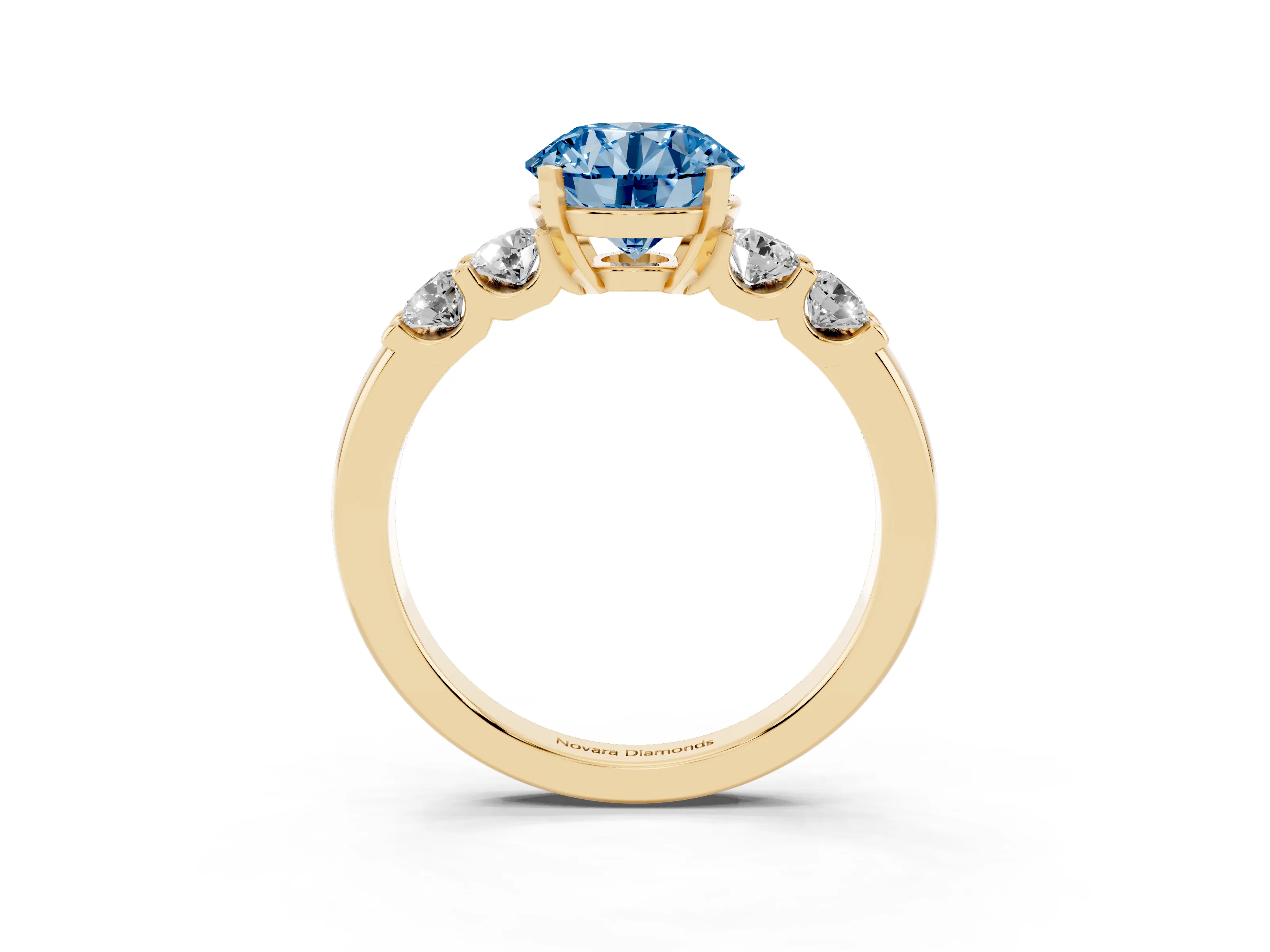 Fancy Blue Round Cut Diamond Five-Stone Prong Set Engagement Ring Set in Yellow gold with Channel Band