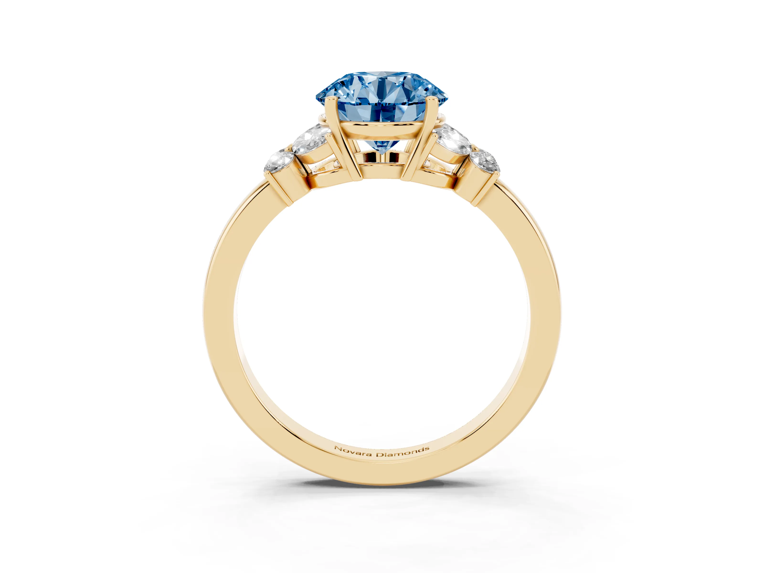 Fancy Blue Round Cut Diamond Solitaire Floral Ring Set in Yellow gold with Marquise Petals and Prong Setting