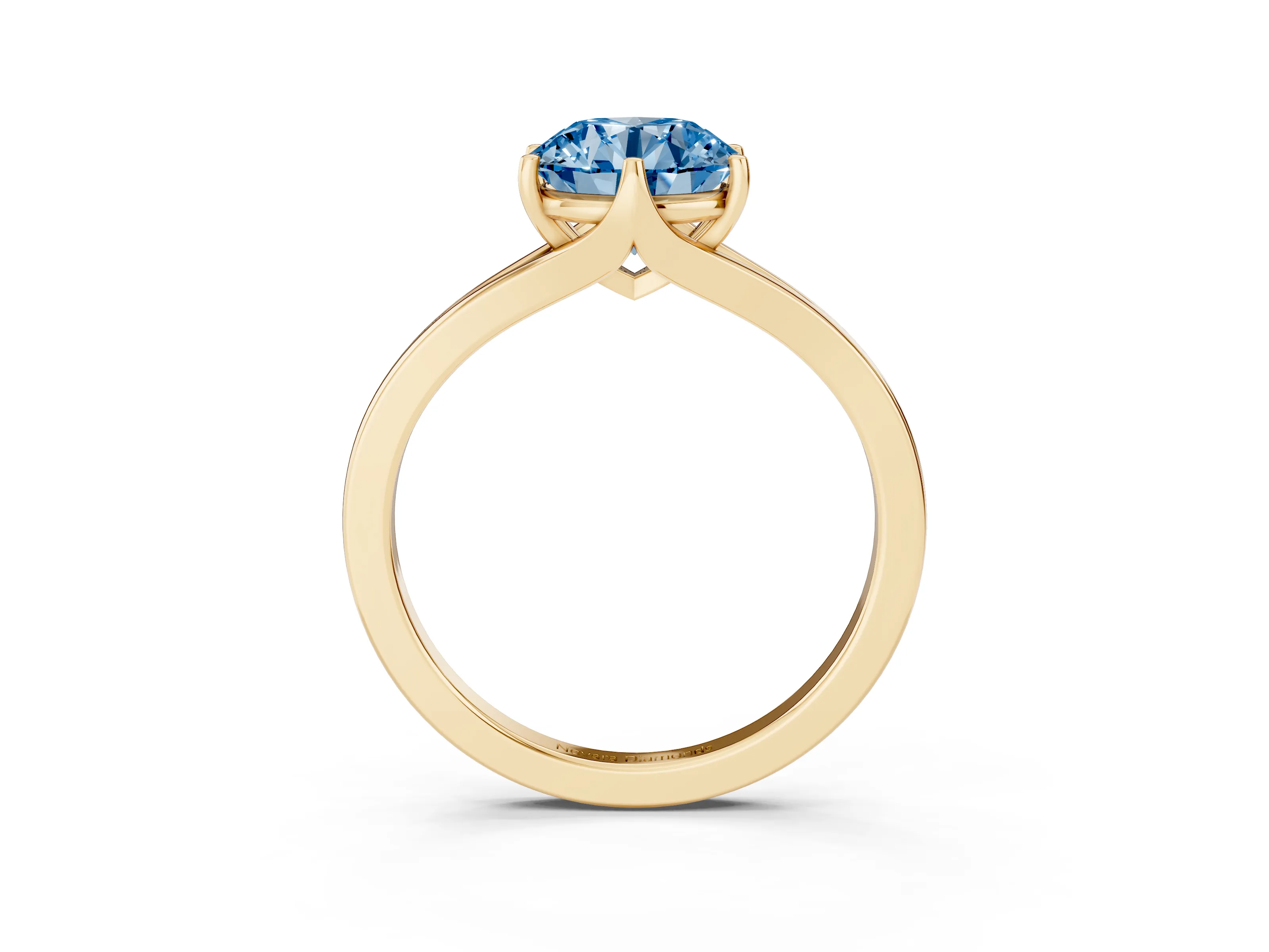 Fancy Blue Round Cut Diamond Solitaire Ring Set in Yellow gold with Polished Tapered Band and Prong Setting