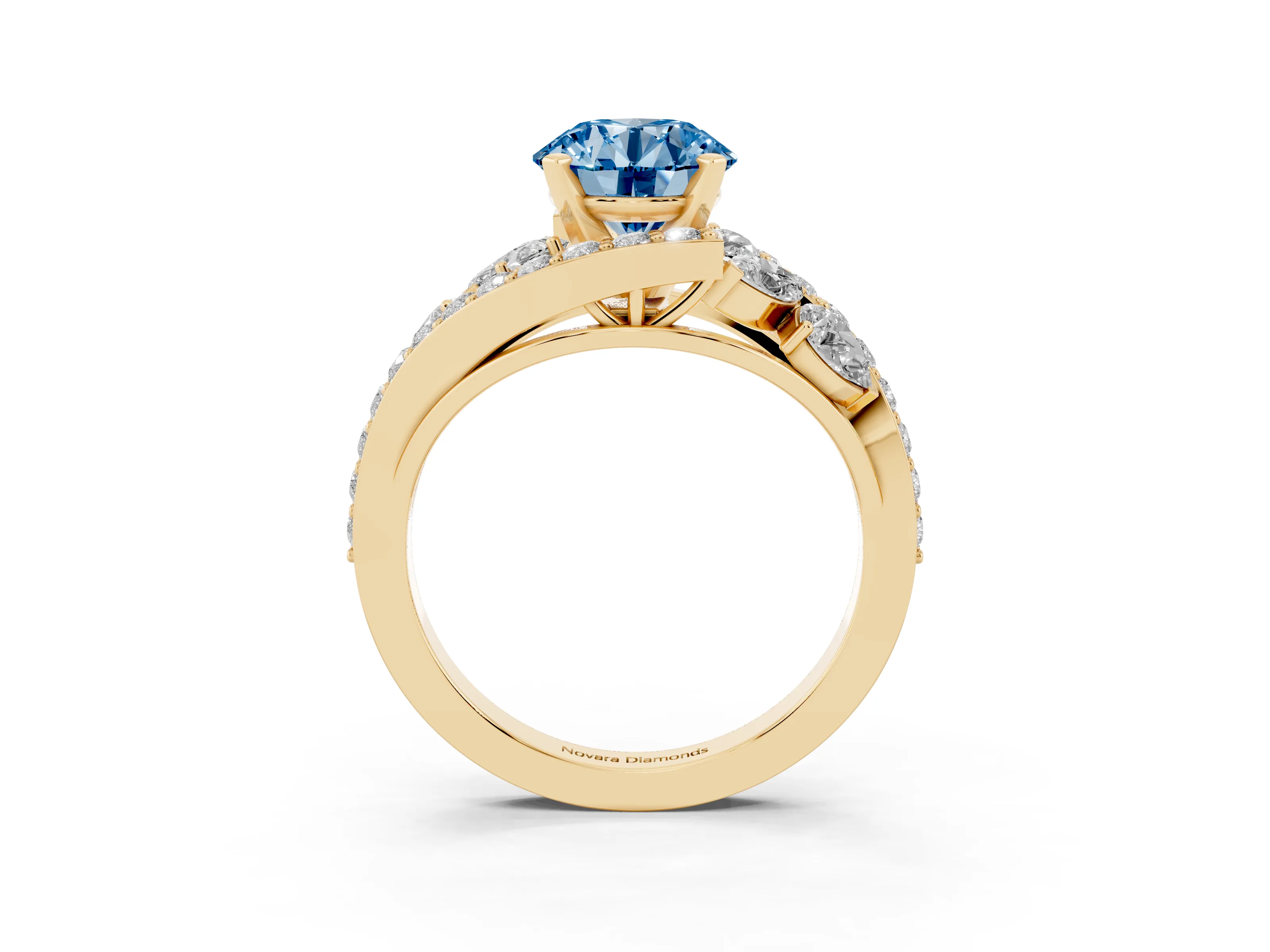 Fancy Blue Round Cut Diamond Halo Ring Set in Yellow gold with Marquise and Pavé Band in Prong Setting