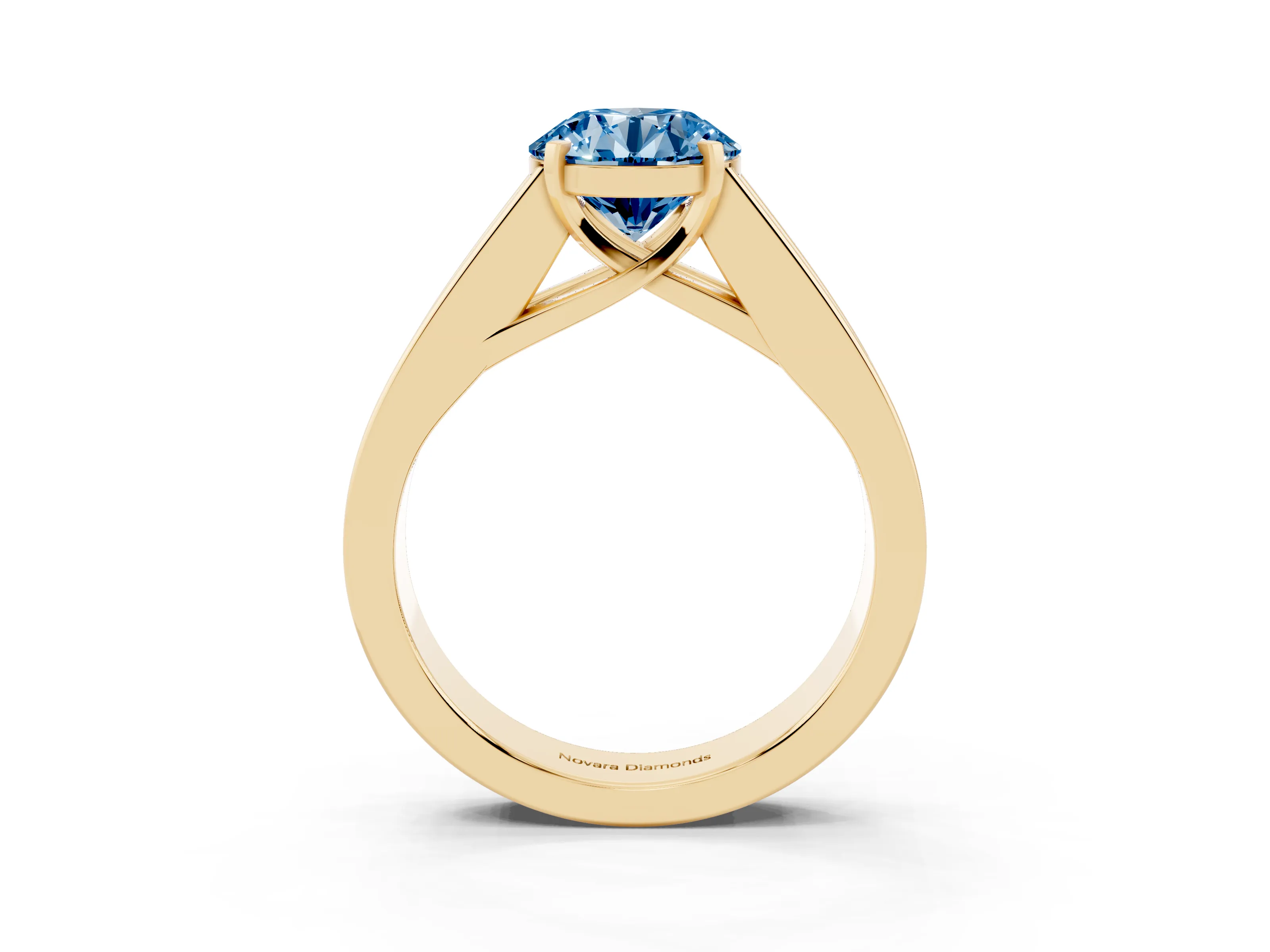 Fancy Blue Round Cut Diamond Solitaire Ring Set in Yellow gold with Channel-Set Accent Stones and Prong Setting