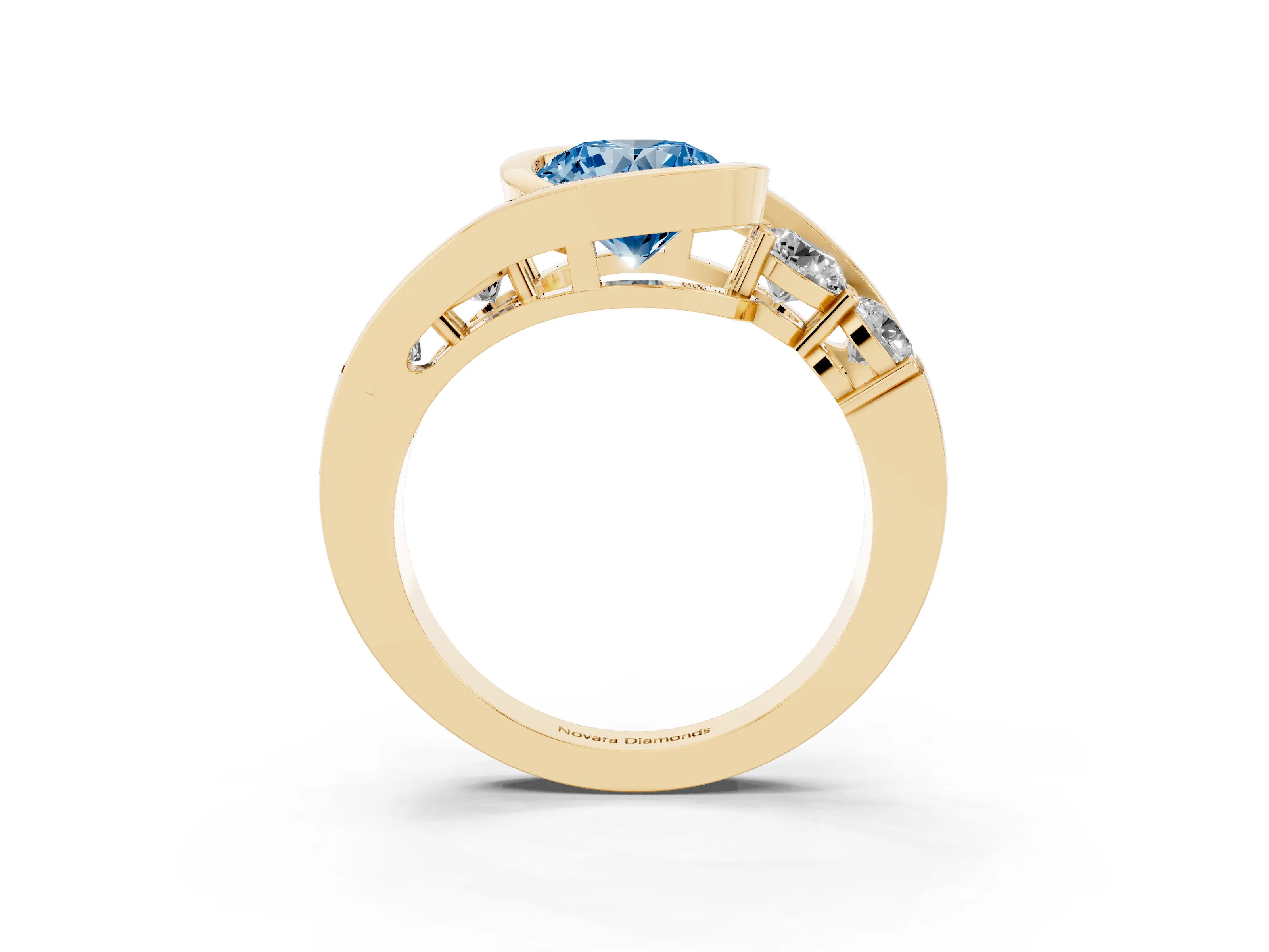 Fancy Blue Round Cut Diamond Bezel Bypass Ring Set in Yellow gold with Round Accents