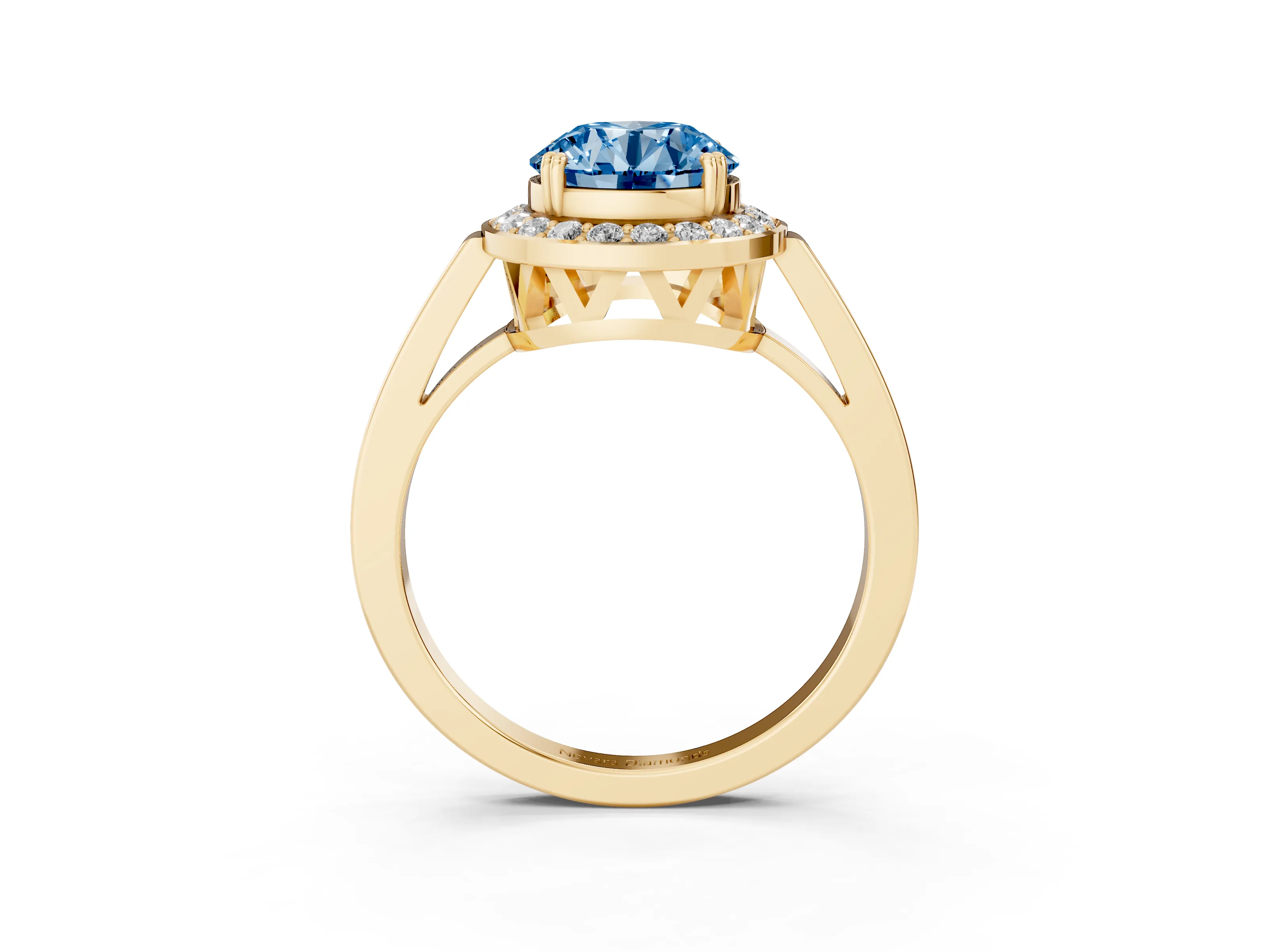 Fancy Blue Round Cut Diamond Halo Ring Set in Yellow gold with Accent-Lined Split Shank and Prong Setting